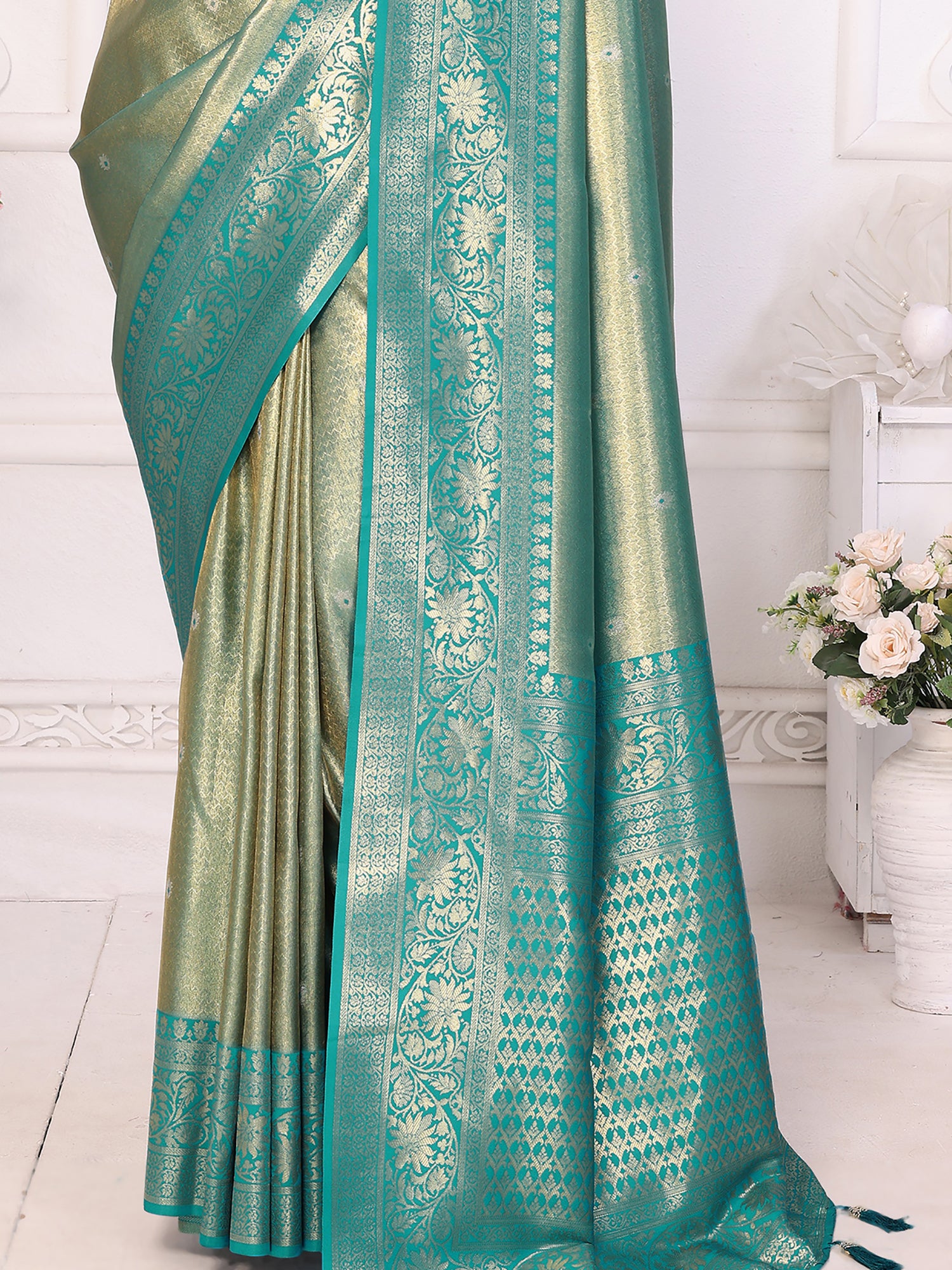 Attractive Sea Green Zari Weaving Banarasi Silk Festive Wear Saree