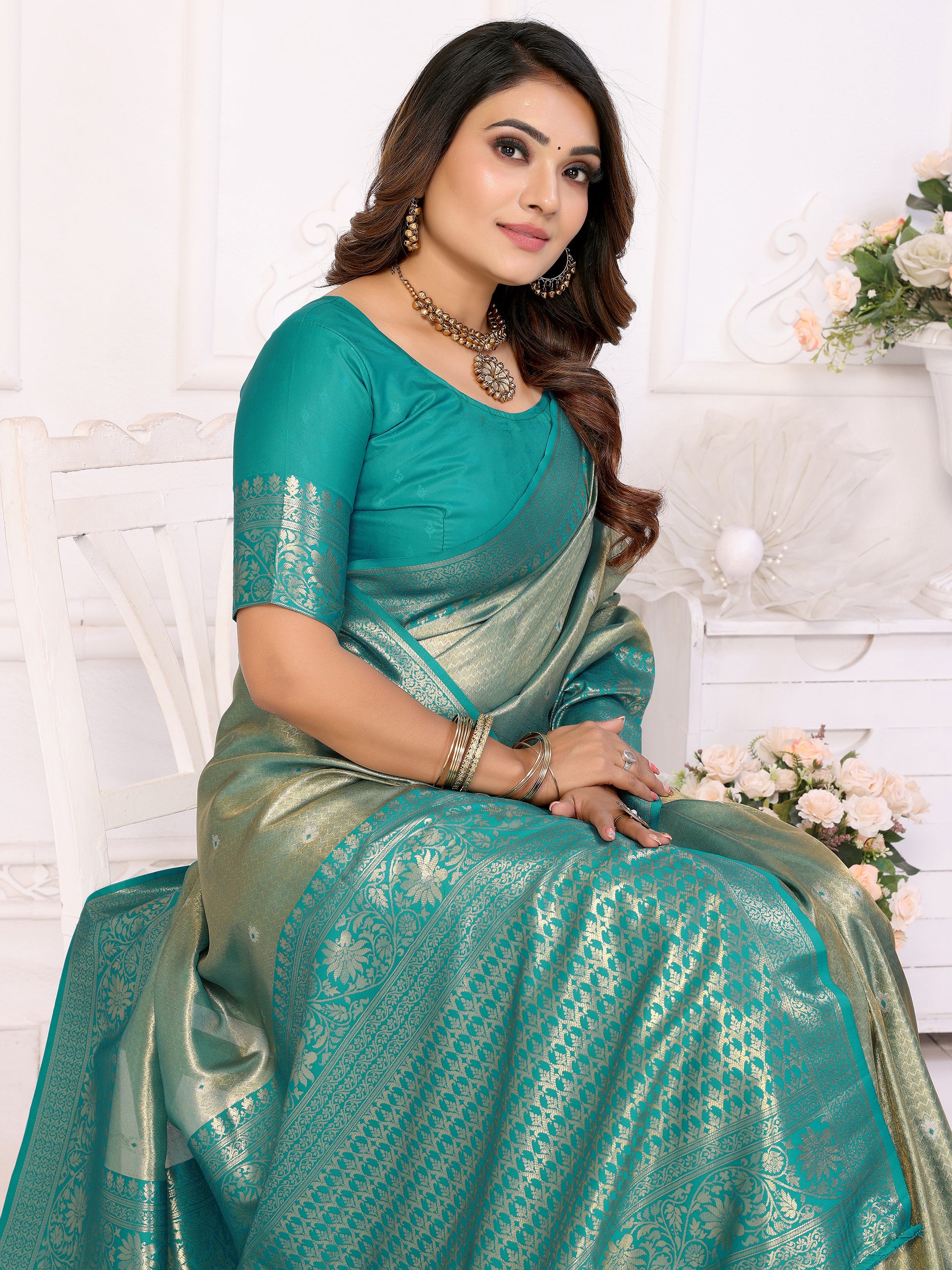 Attractive Sea Green Zari Weaving Banarasi Silk Festive Wear Saree