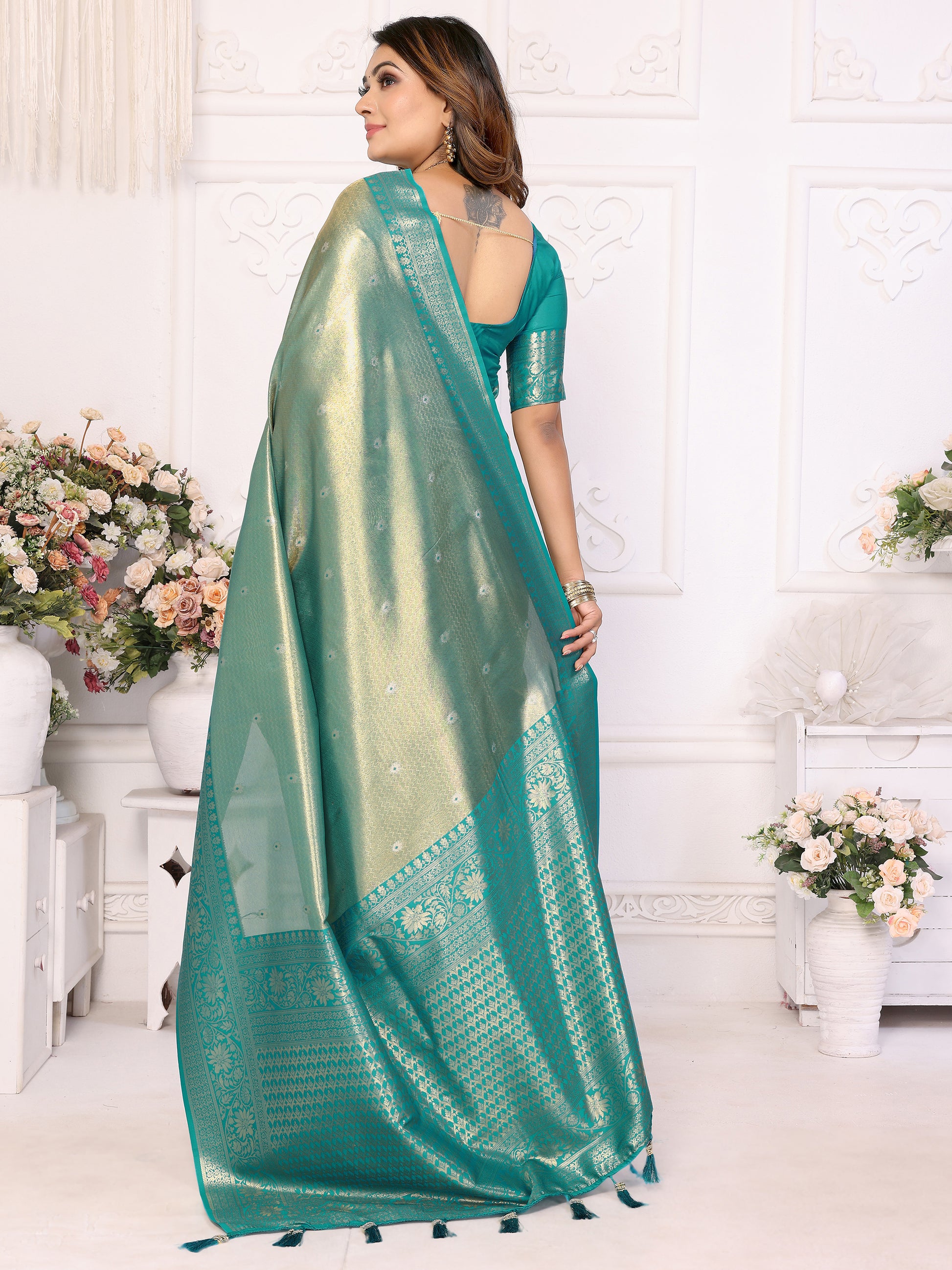 Attractive Sea Green Zari Weaving Banarasi Silk Festive Wear Saree