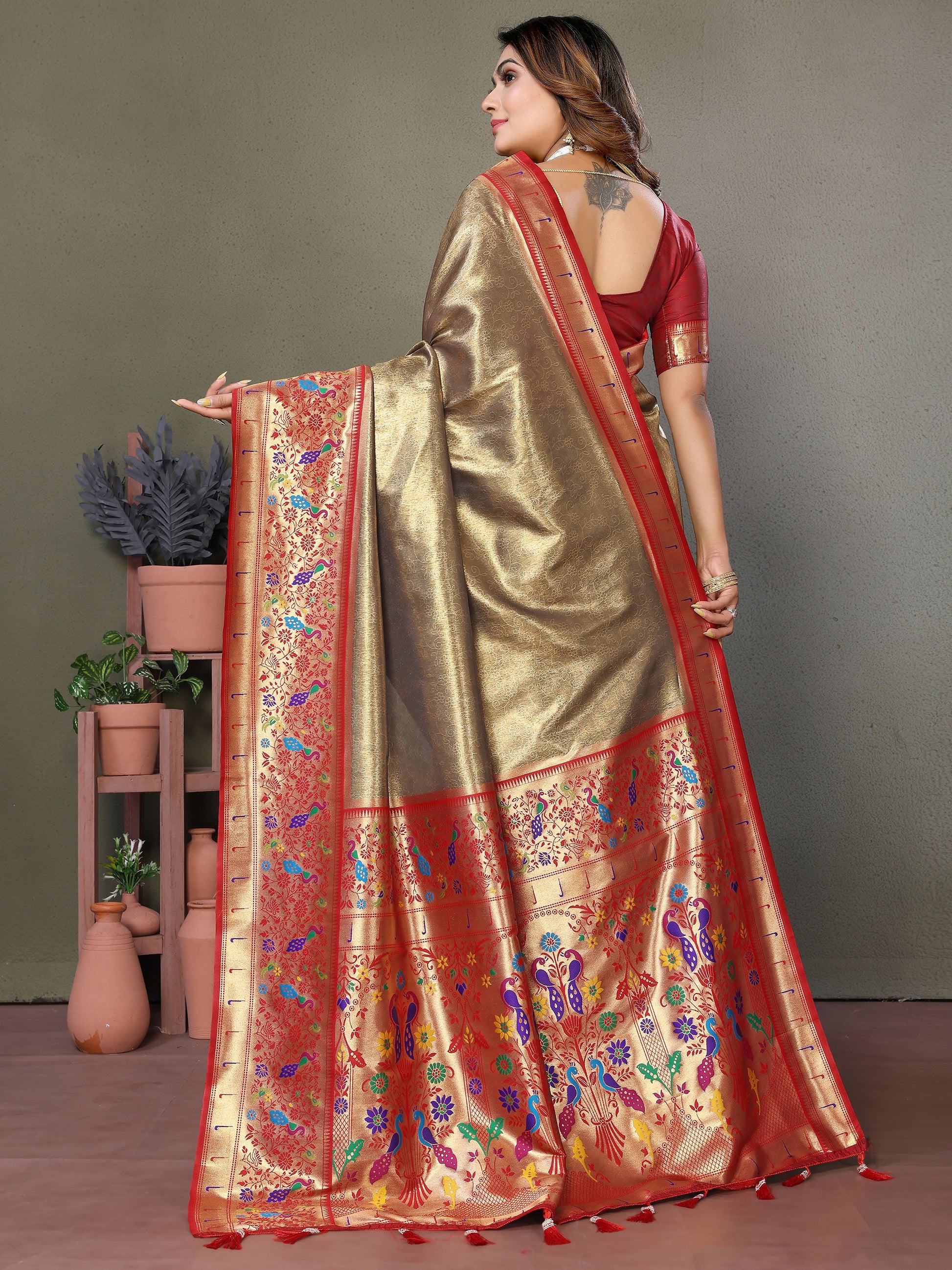 Incredible Brown Zari Weaving Banarasi Silk Festive Wear Saree