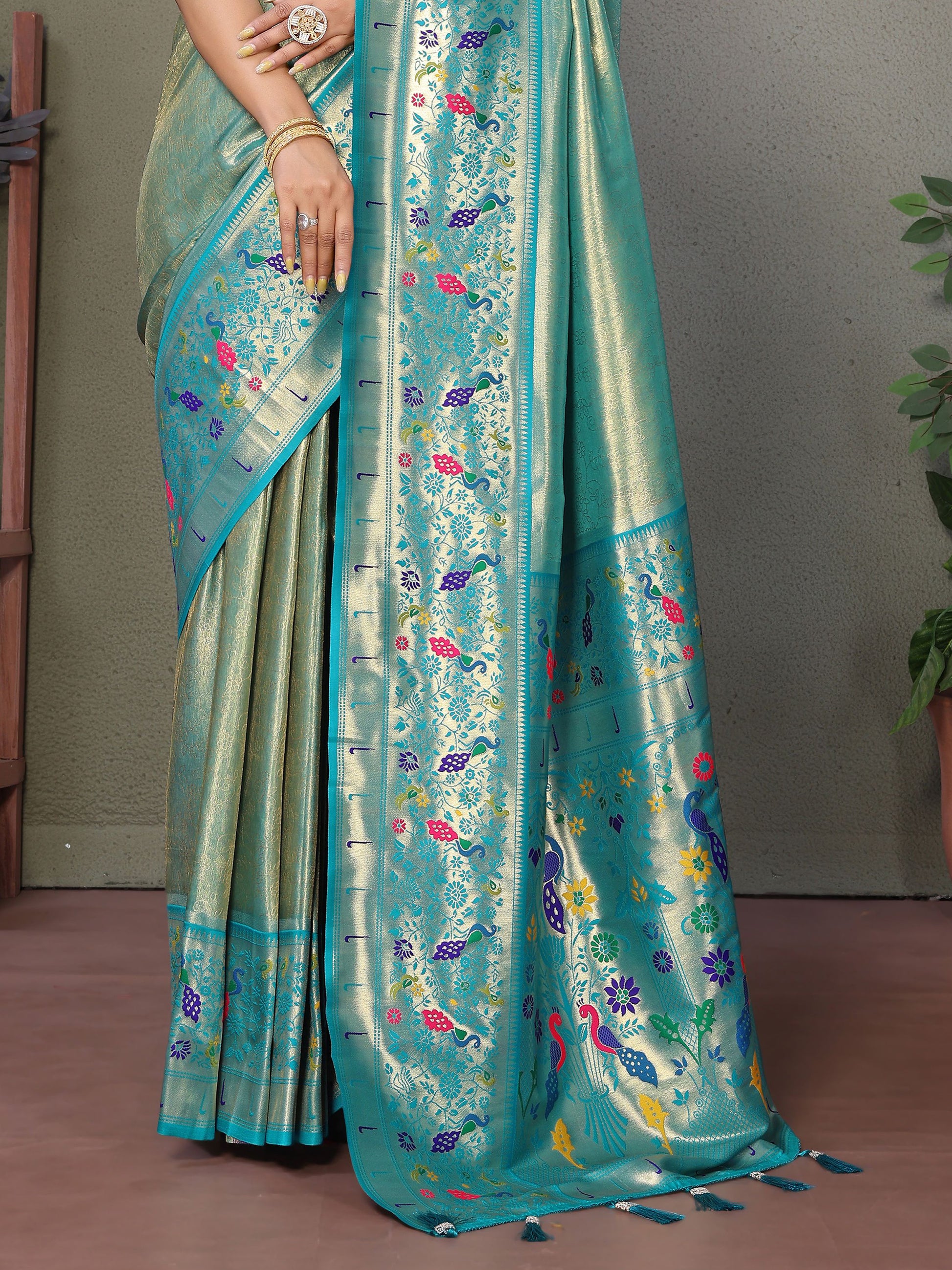 Attractive Sky Blue Zari Weaving Banarasi Silk Paithani Saree With Blouse