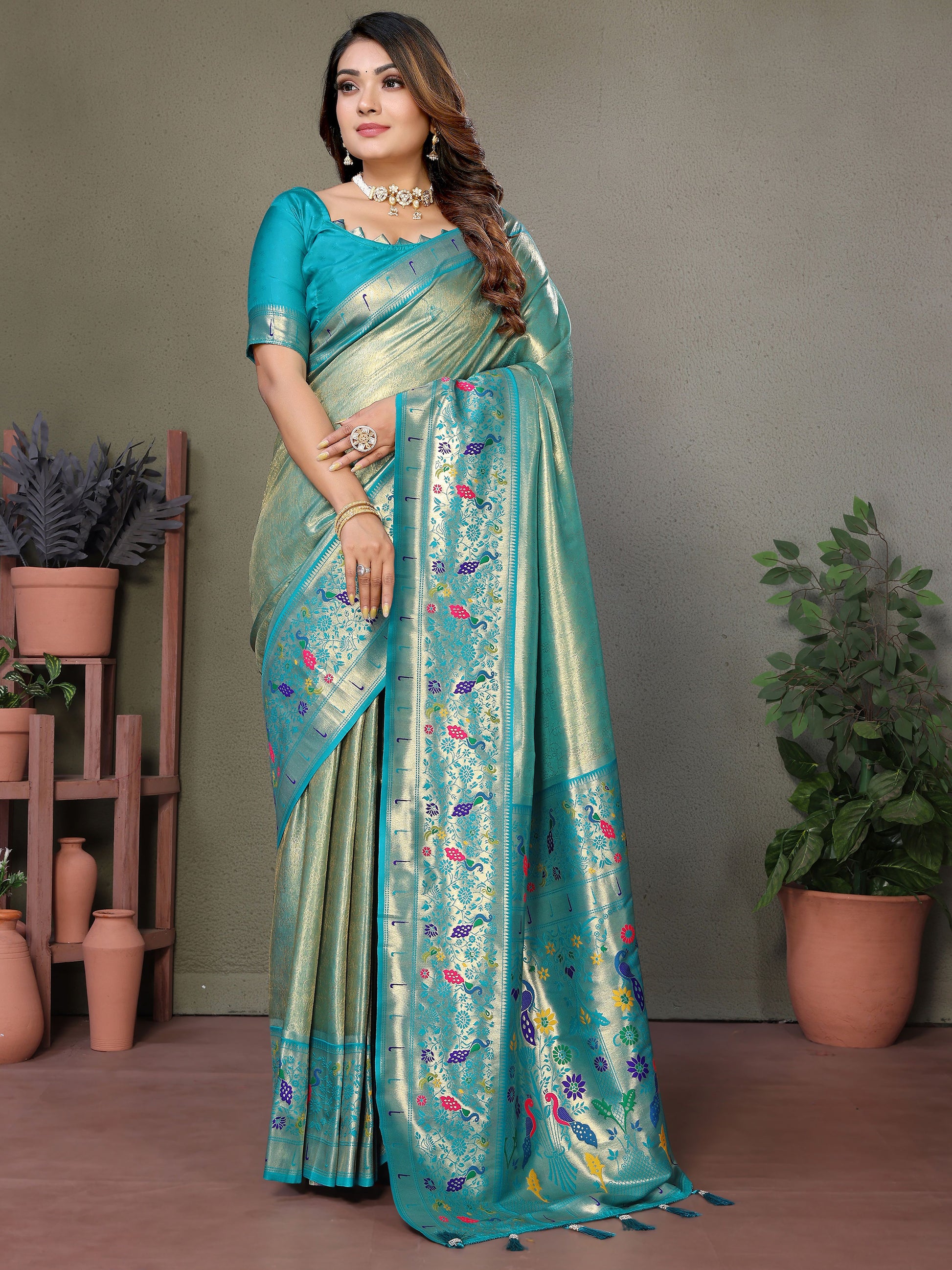 Attractive Sky Blue Zari Weaving Banarasi Silk Paithani Saree With Blouse