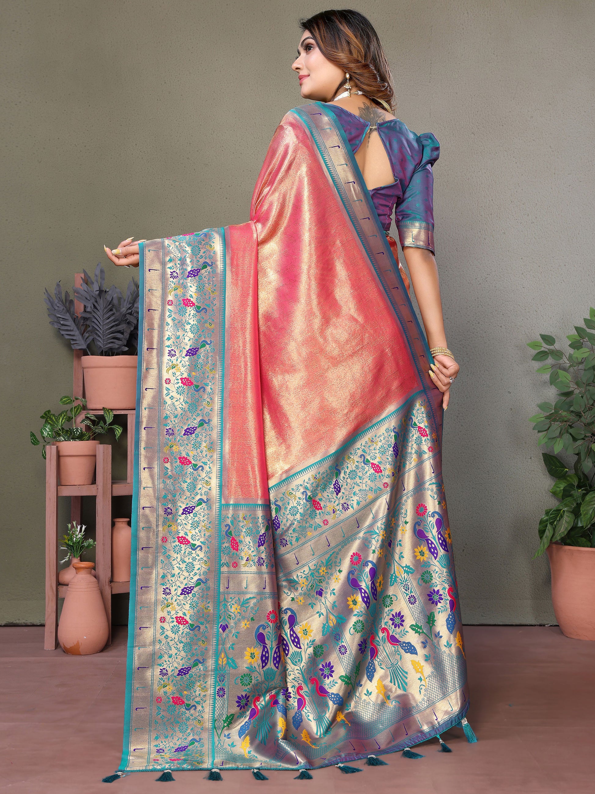 Bewitching Coral Red Zari Weaving Banarasi Silk Traditional Wear Saree