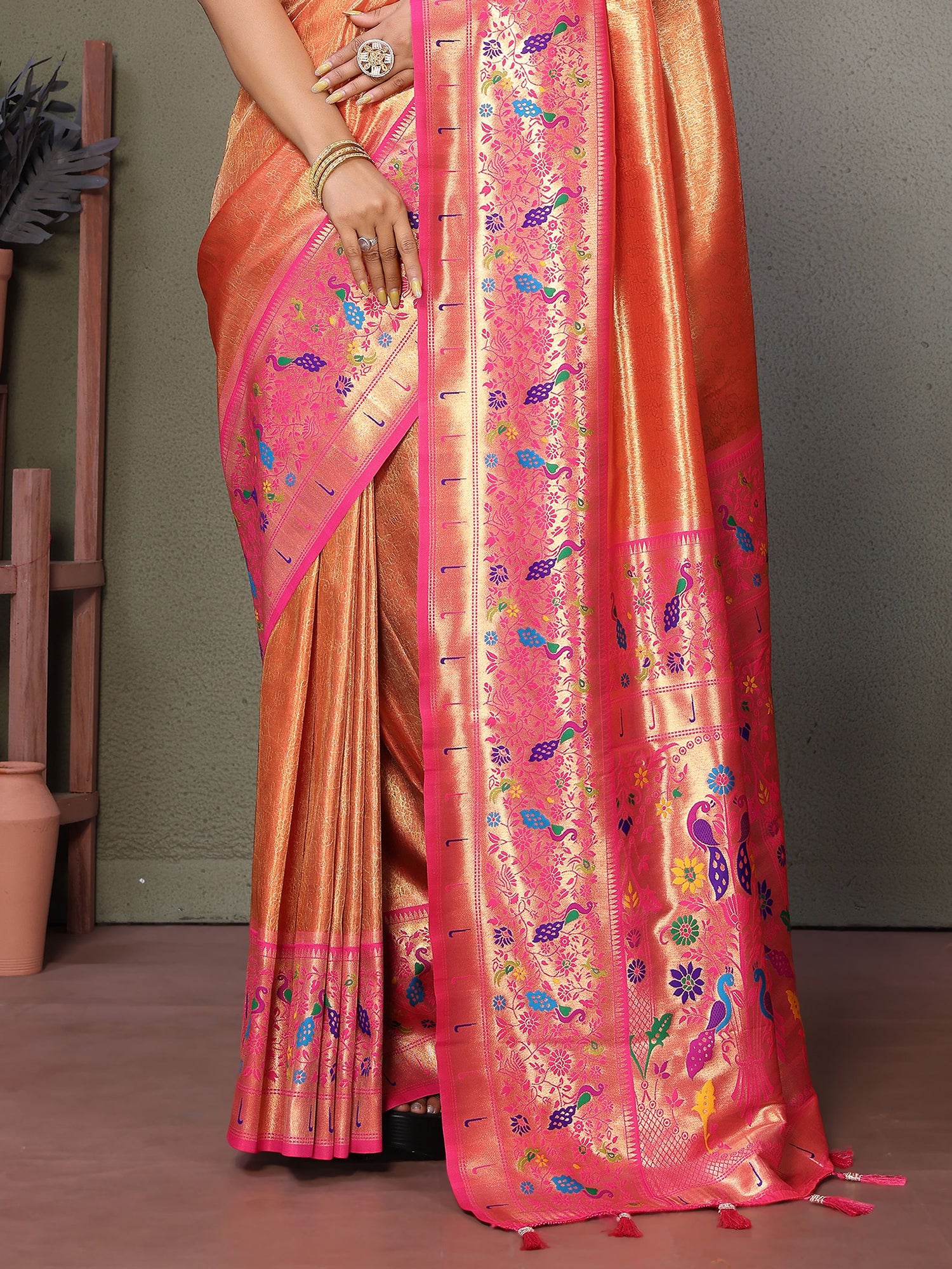 Alluring Orange Zari Weaving Banarasi Silk Paithani Saree With Blouse