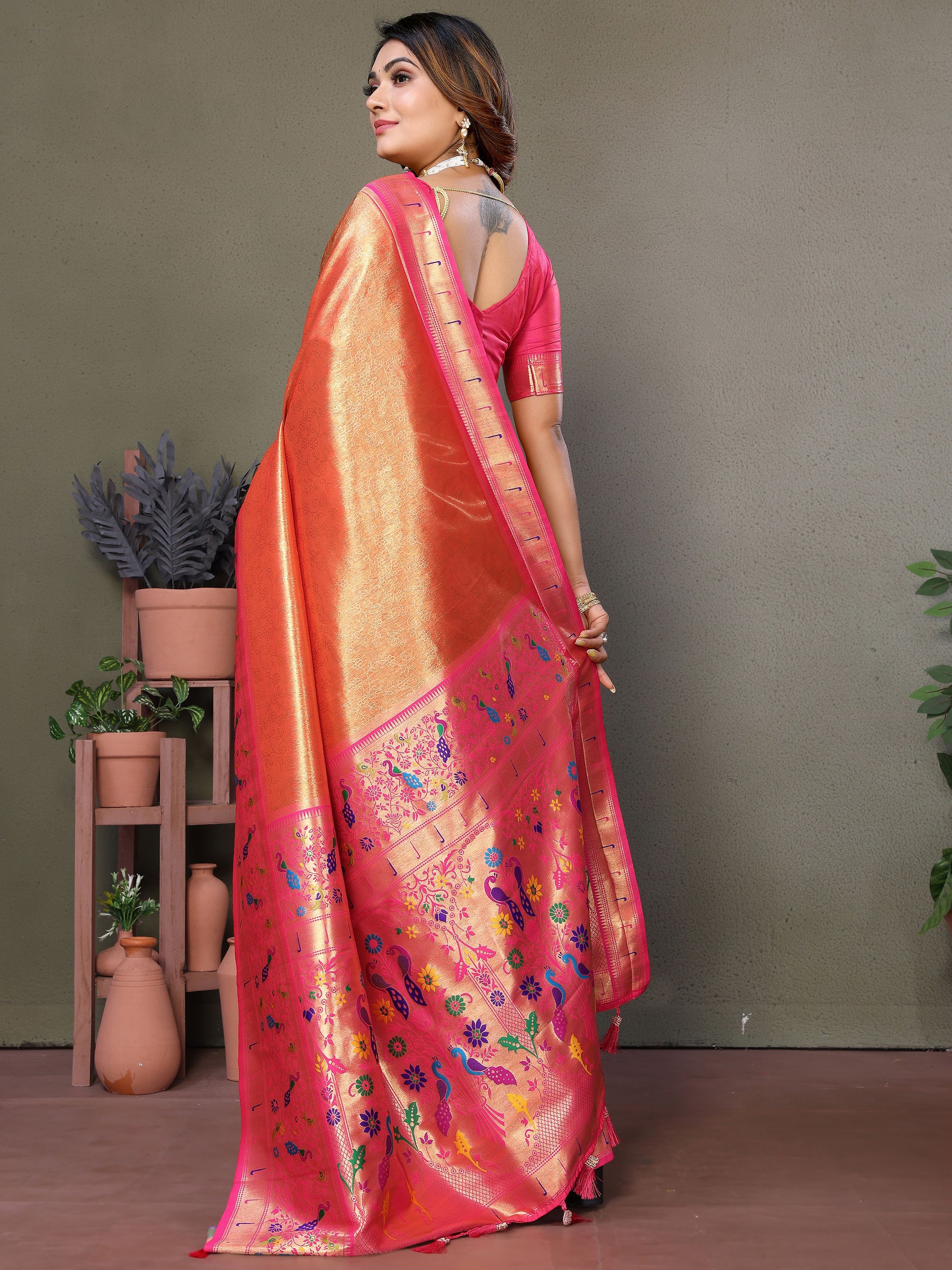Alluring Orange Zari Weaving Banarasi Silk Paithani Saree With Blouse