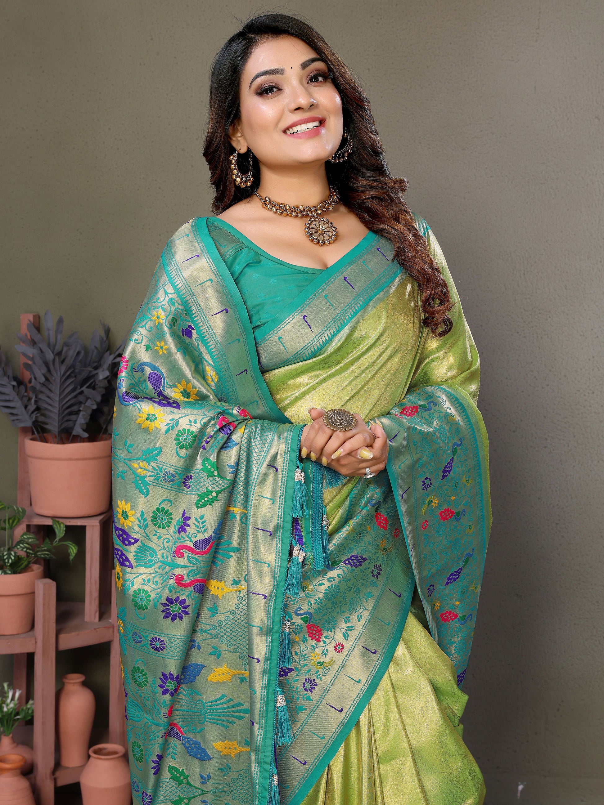 Spectacular Olive Green Zari Weaving Banarasi Silk Traditional Wear Saree