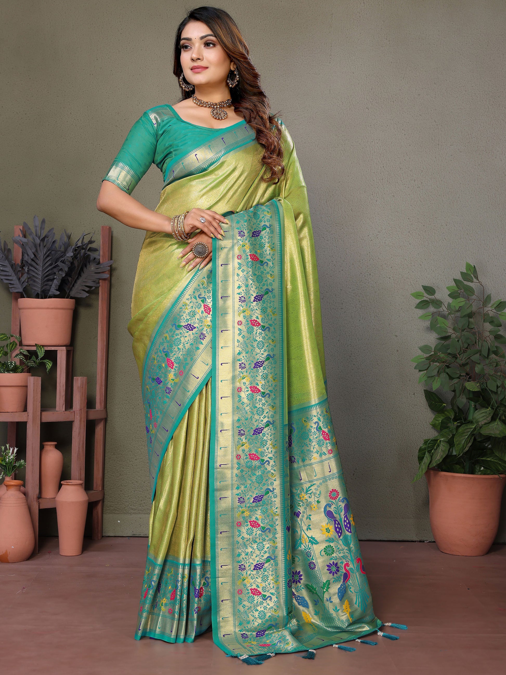 Spectacular Olive Green Zari Weaving Banarasi Silk Traditional Wear Saree