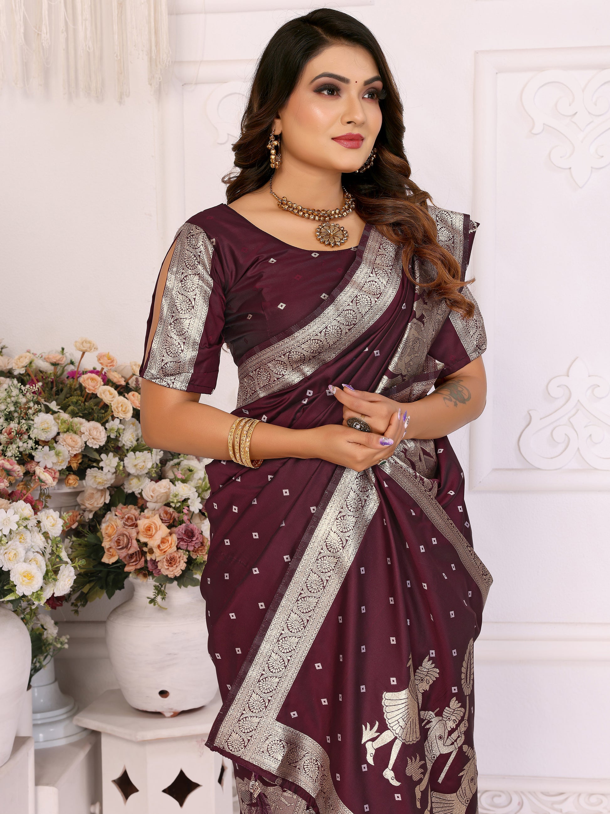 Gorgeous Brown Zari Weaving Kochi Silk Festive Wear Saree With Blouse