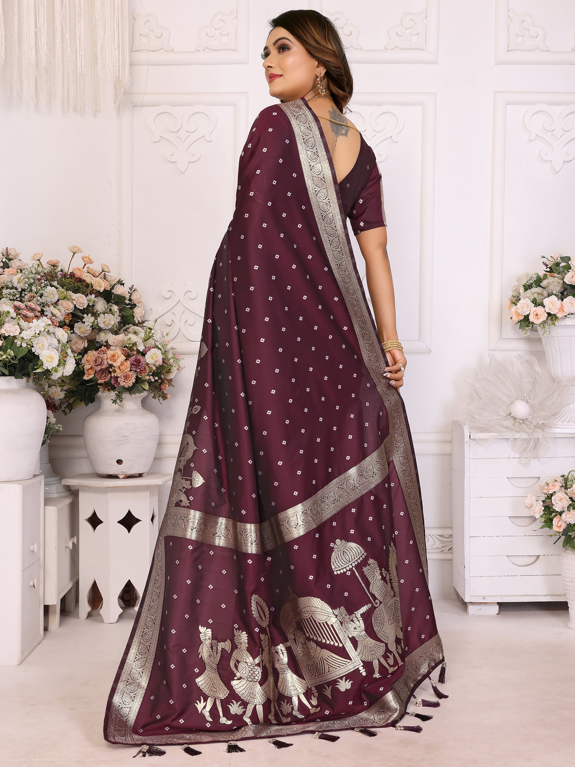 Gorgeous Brown Zari Weaving Kochi Silk Festive Wear Saree With Blouse
