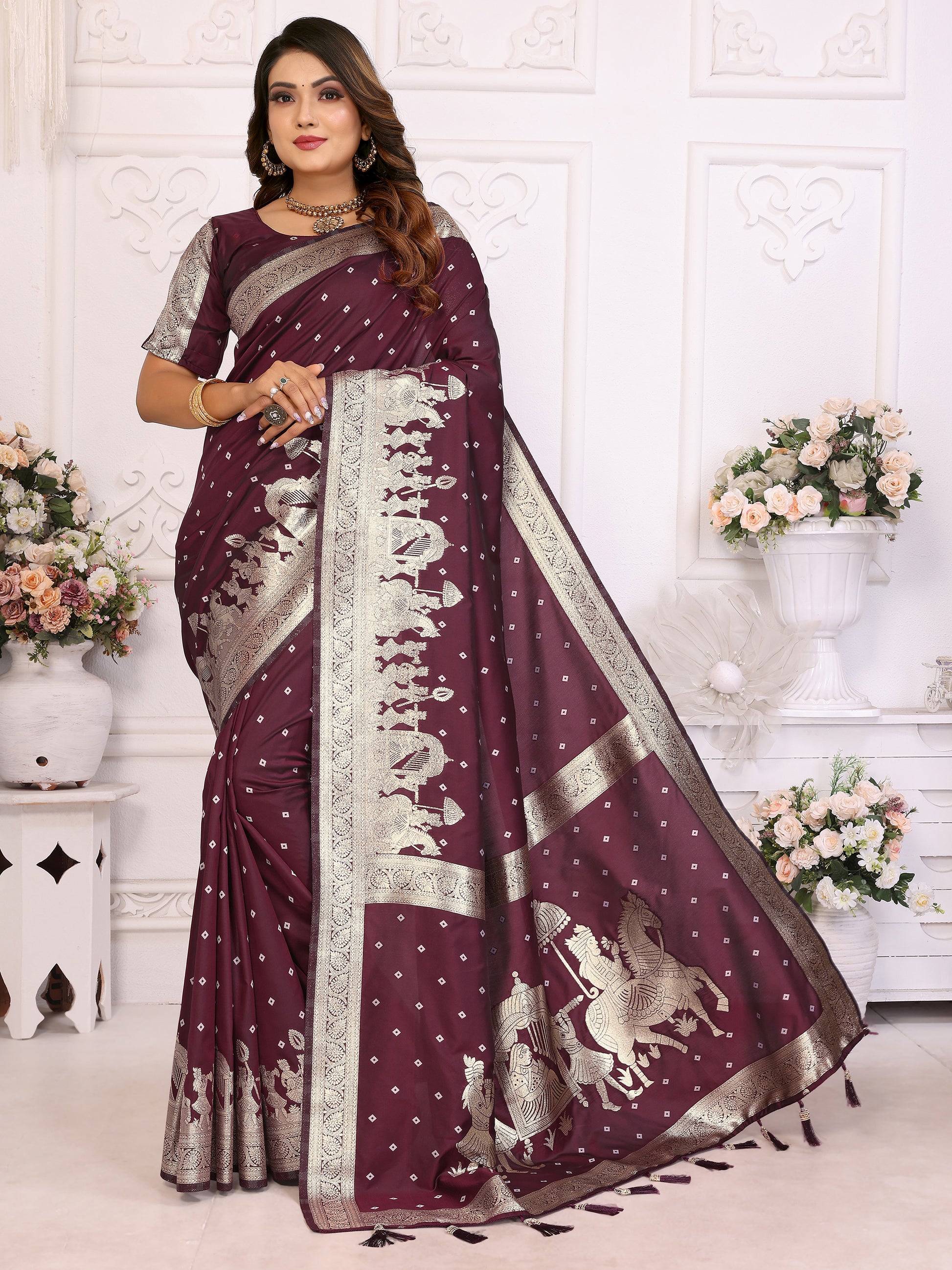 Gorgeous Brown Zari Weaving Kochi Silk Festive Wear Saree With Blouse
