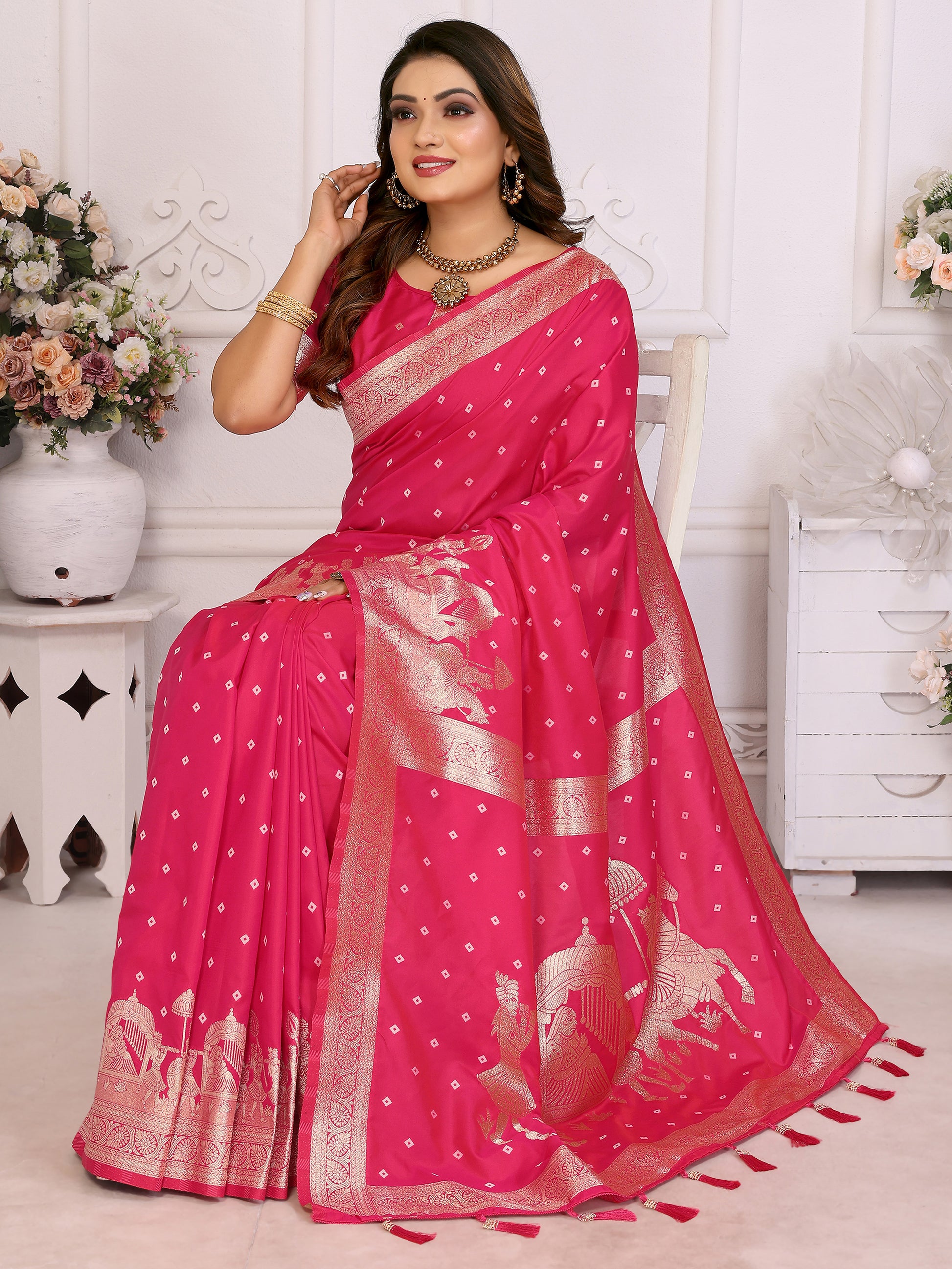 Stunning Pink Zari Weaving Kochi Silk Evening Wear Saree With Blouse