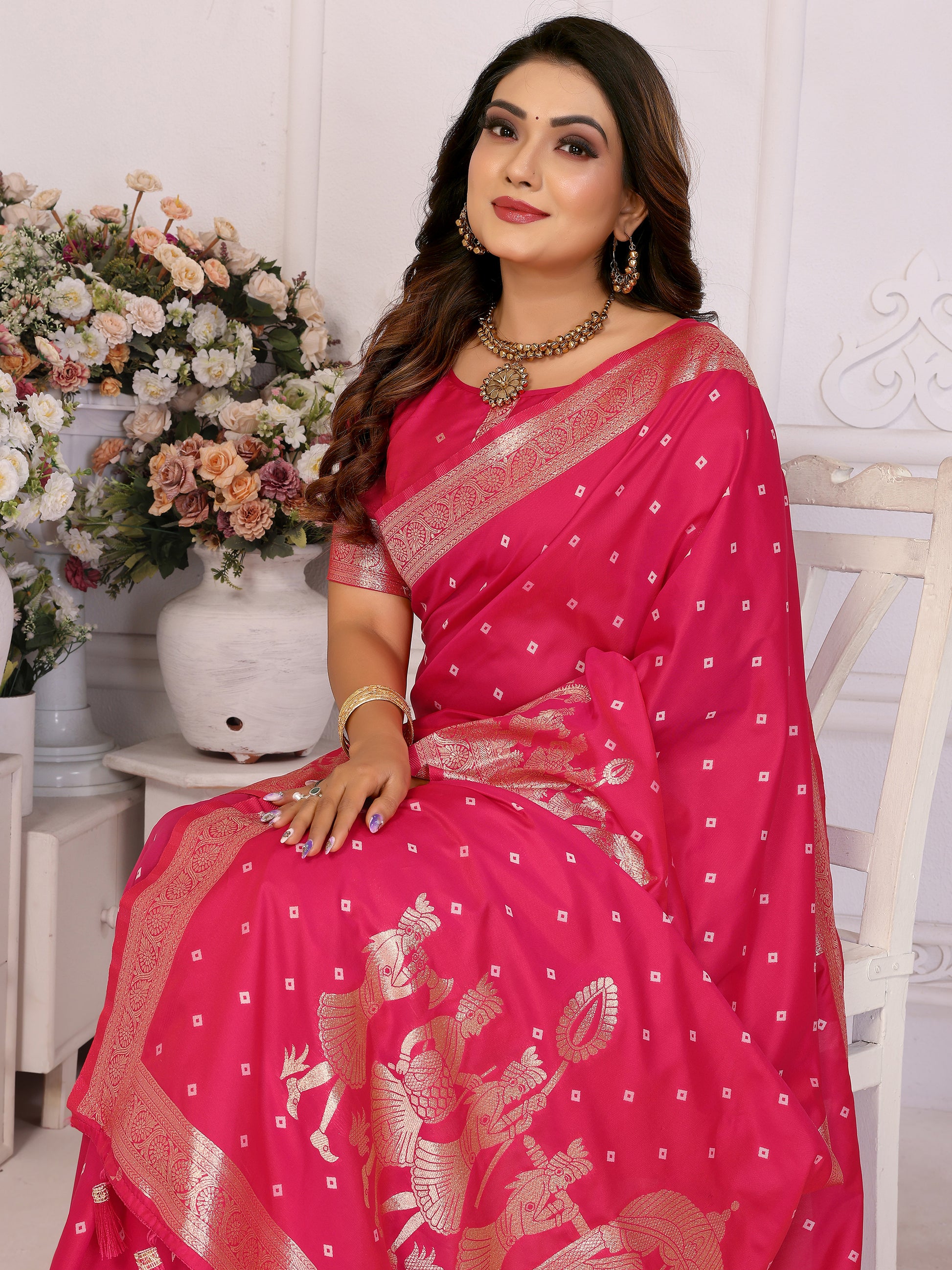 Stunning Pink Zari Weaving Kochi Silk Evening Wear Saree With Blouse
