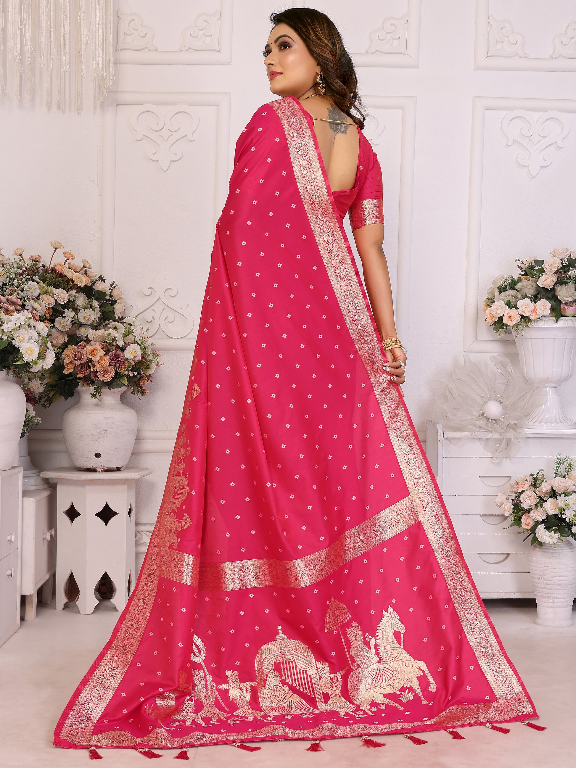 Stunning Pink Zari Weaving Kochi Silk Evening Wear Saree With Blouse