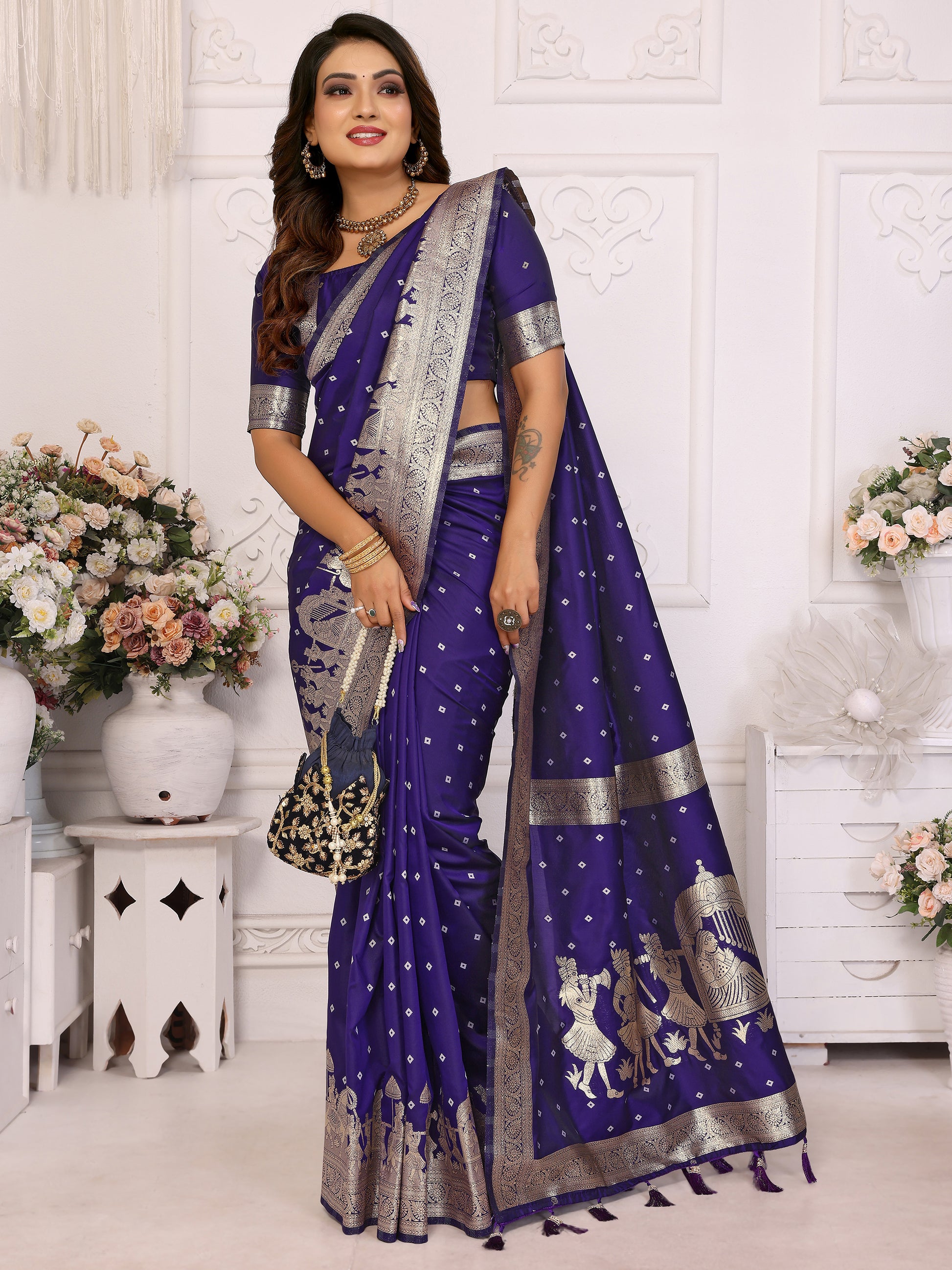 Adorable Violet Zari Weaving Kochi Silk Event Wear Saree With Blouse