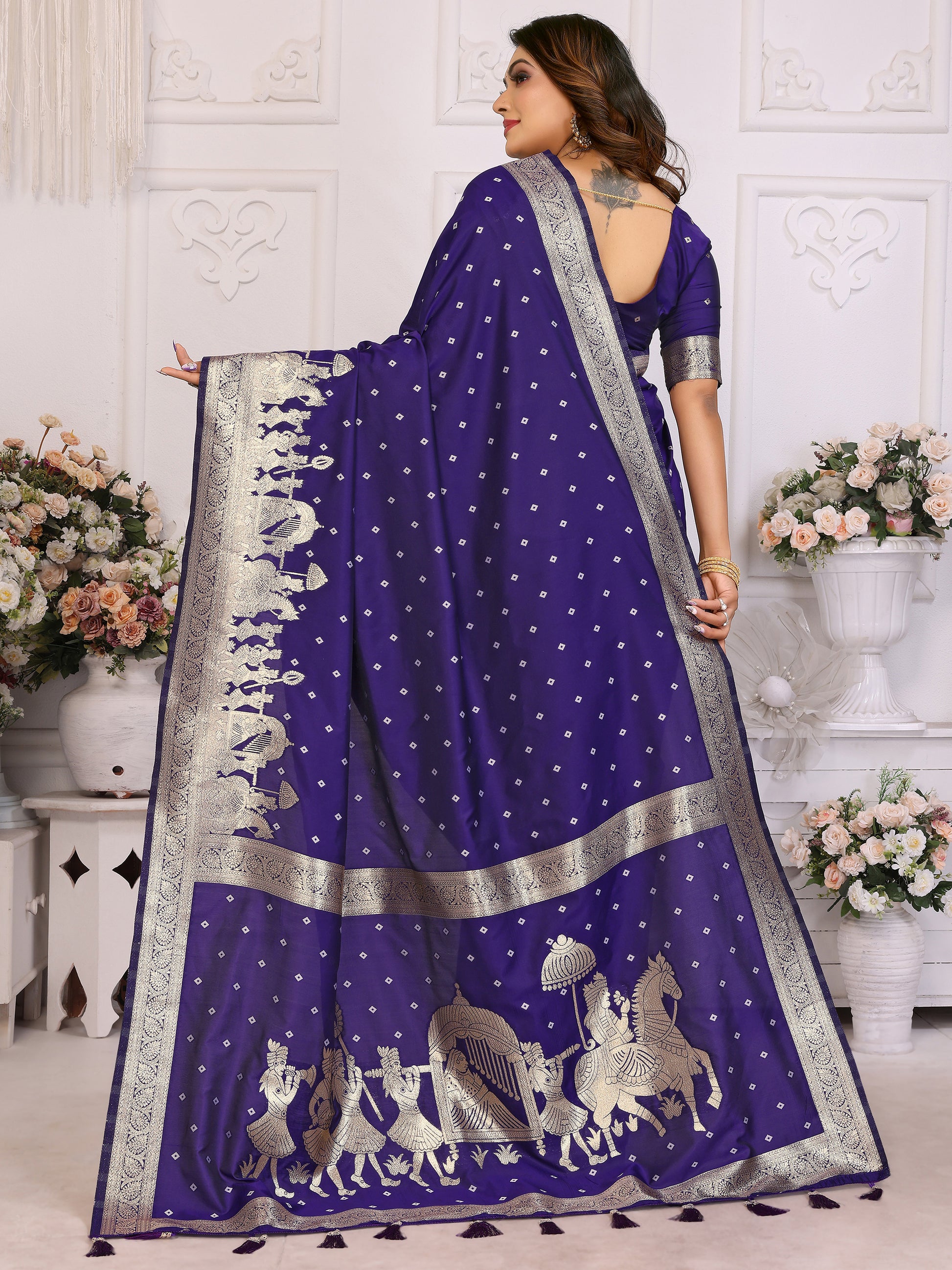 Adorable Violet Zari Weaving Kochi Silk Event Wear Saree With Blouse