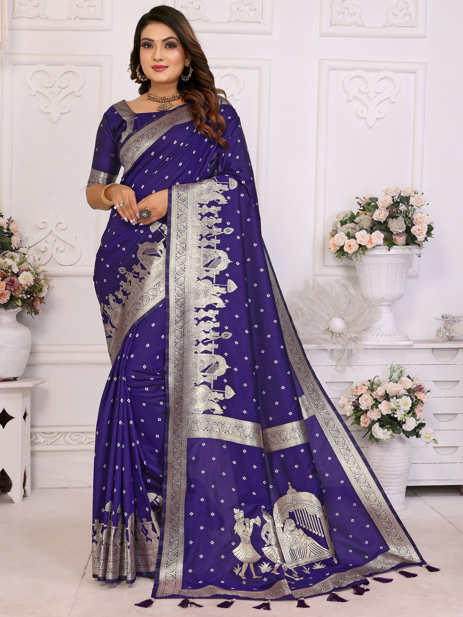 Adorable Violet Zari Weaving Kochi Silk Event Wear Saree With Blouse