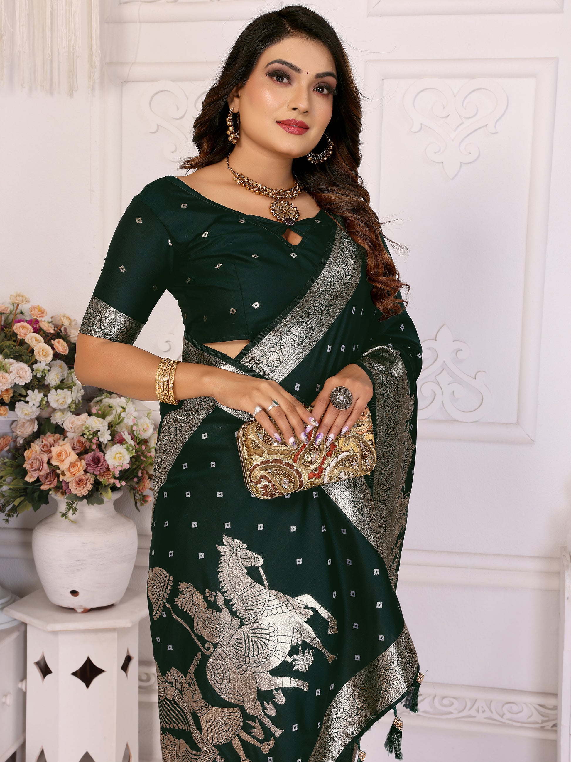 Captivating Bottle Green Zari Weaving Kochi Silk Mehendi Wear Saree With Blouse