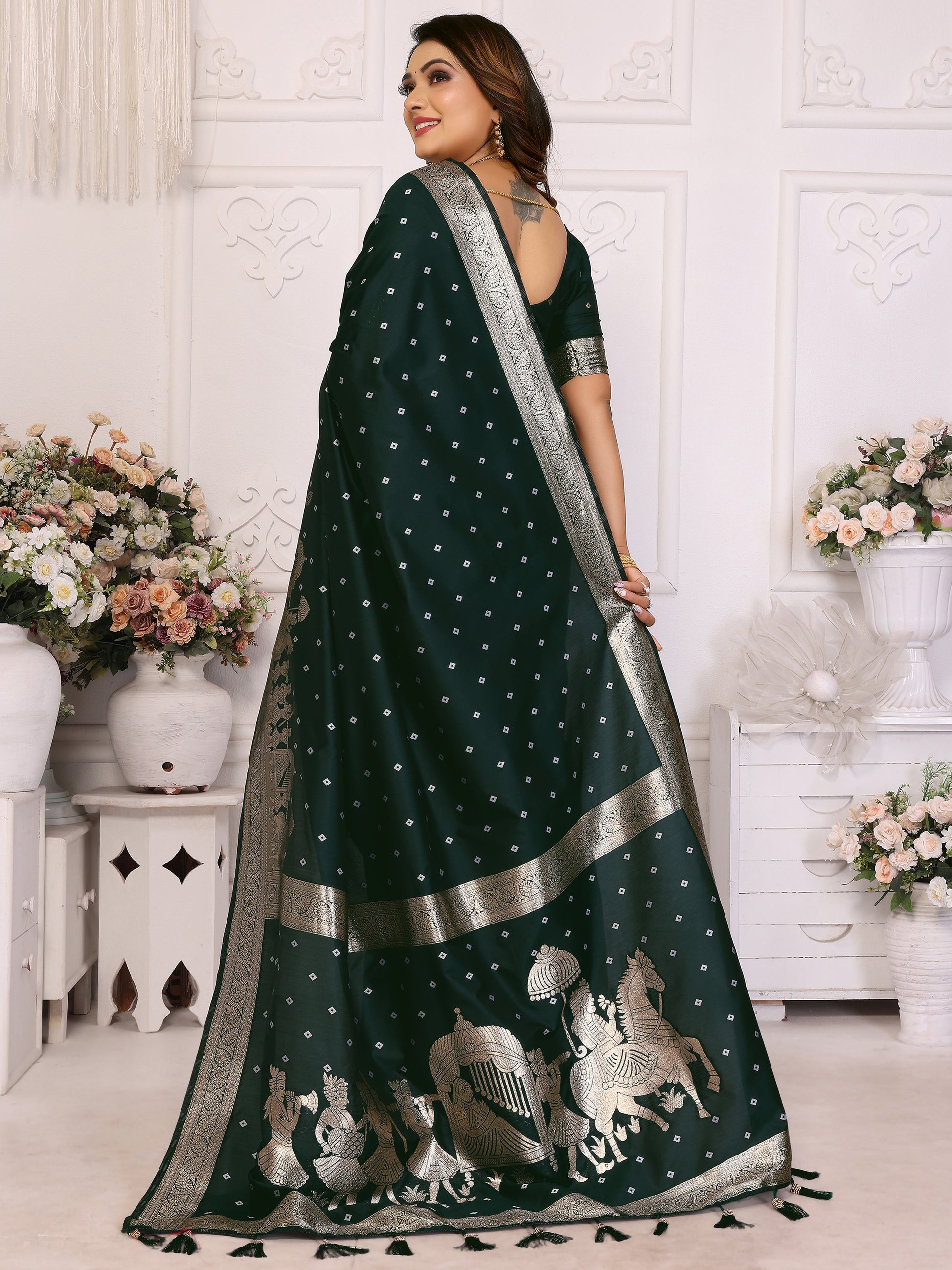 Captivating Bottle Green Zari Weaving Kochi Silk Mehendi Wear Saree With Blouse