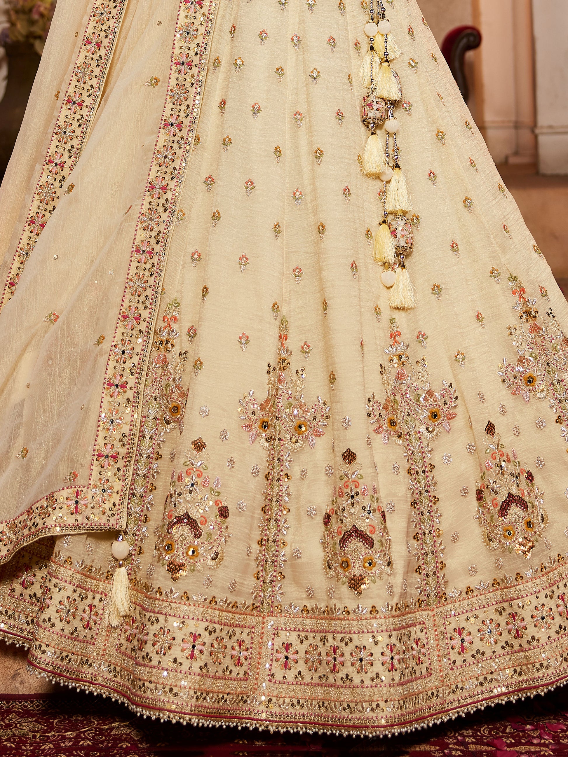 Lovely Cream Thread Work Tissue Silk Wedding Wear Lehenga Choli