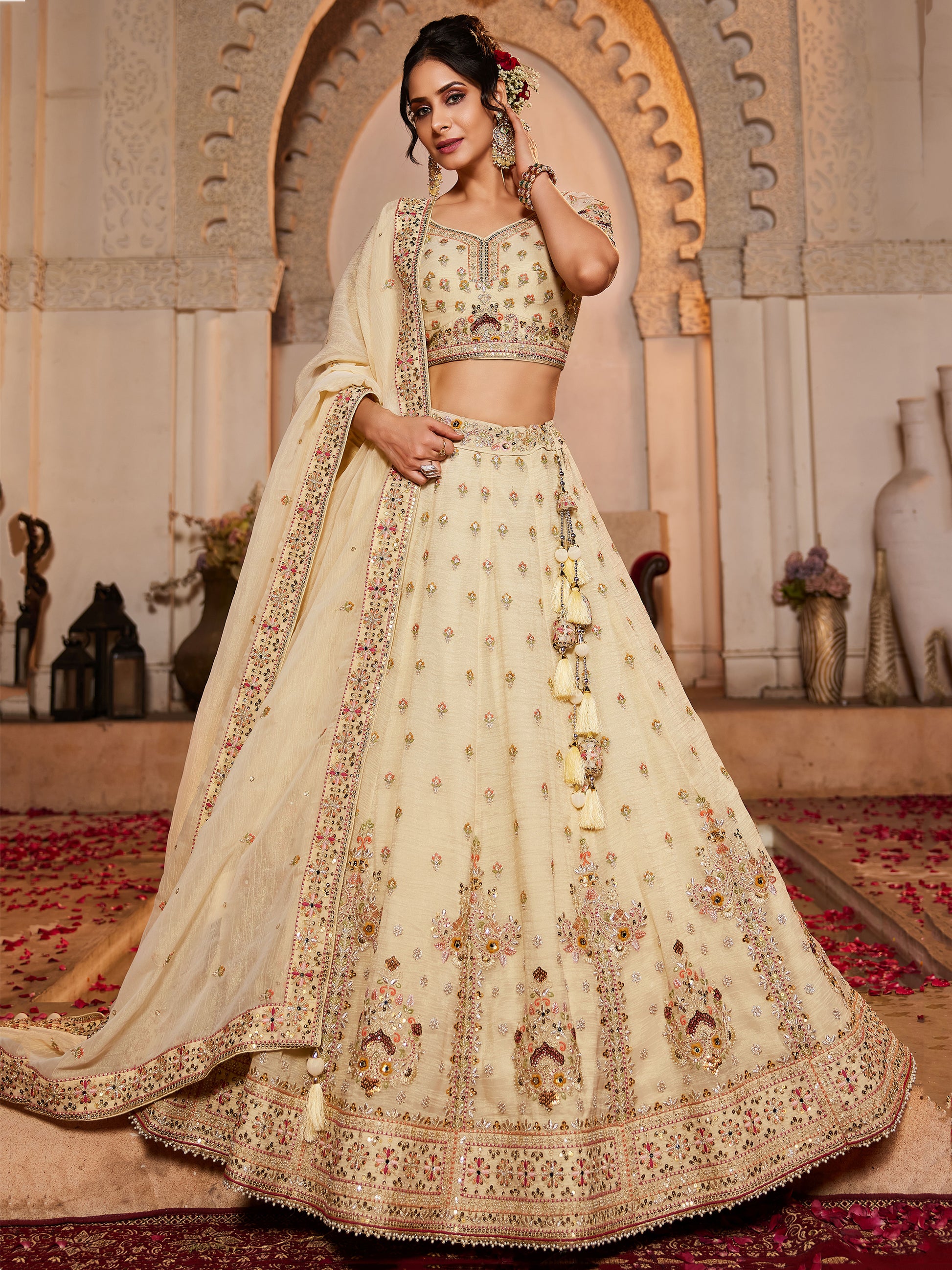 Lovely Cream Thread Work Tissue Silk Wedding Wear Lehenga Choli