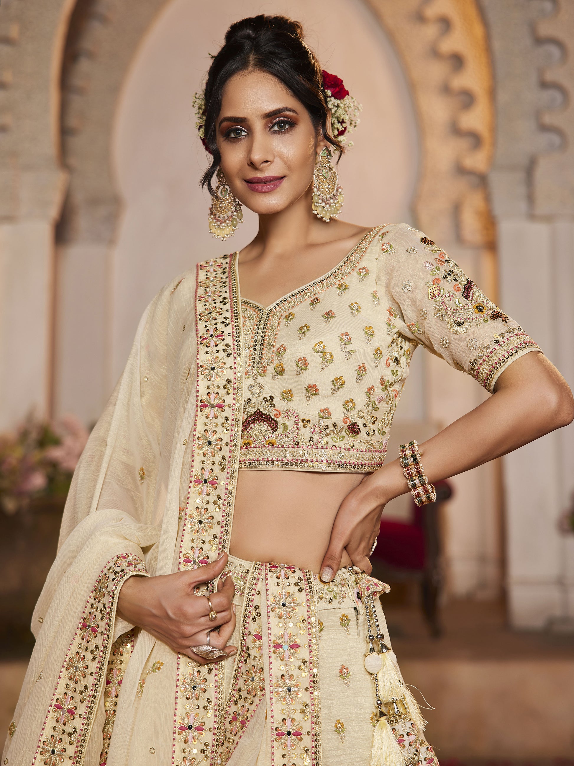 Lovely Cream Thread Work Tissue Silk Wedding Wear Lehenga Choli