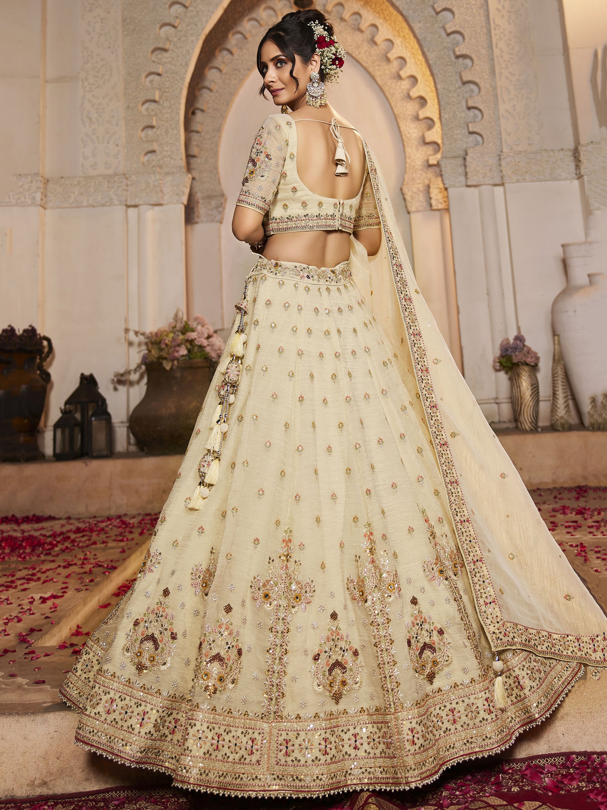 Lovely Cream Thread Work Tissue Silk Wedding Wear Lehenga Choli
