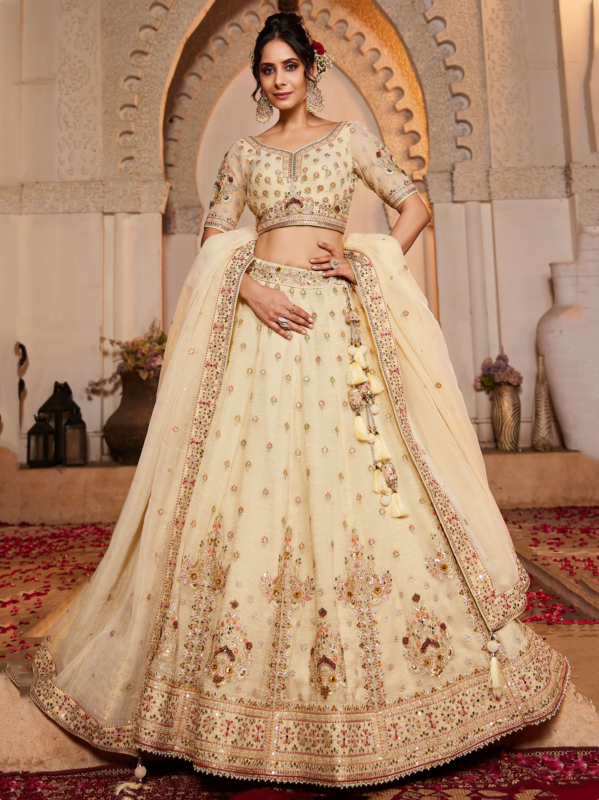 Lovely Cream Thread Work Tissue Silk Wedding Wear Lehenga Choli