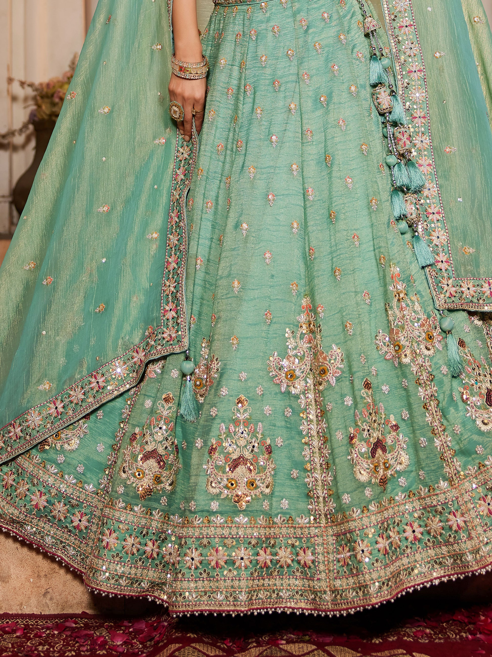 Marvelous Sea Green Bead Work Tissue Silk Reception Wear Lehenga Choli
