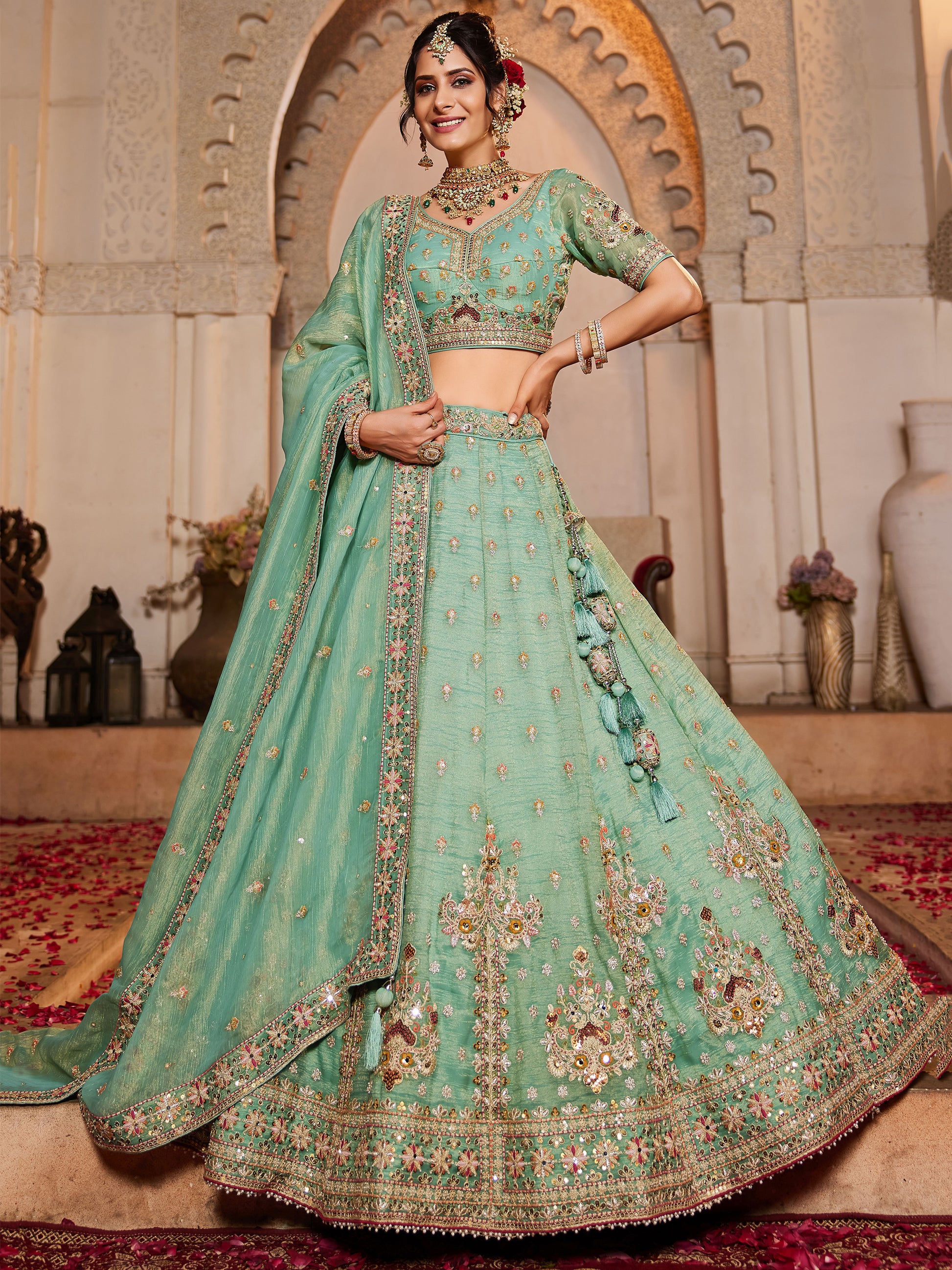 Marvelous Sea Green Bead Work Tissue Silk Reception Wear Lehenga Choli