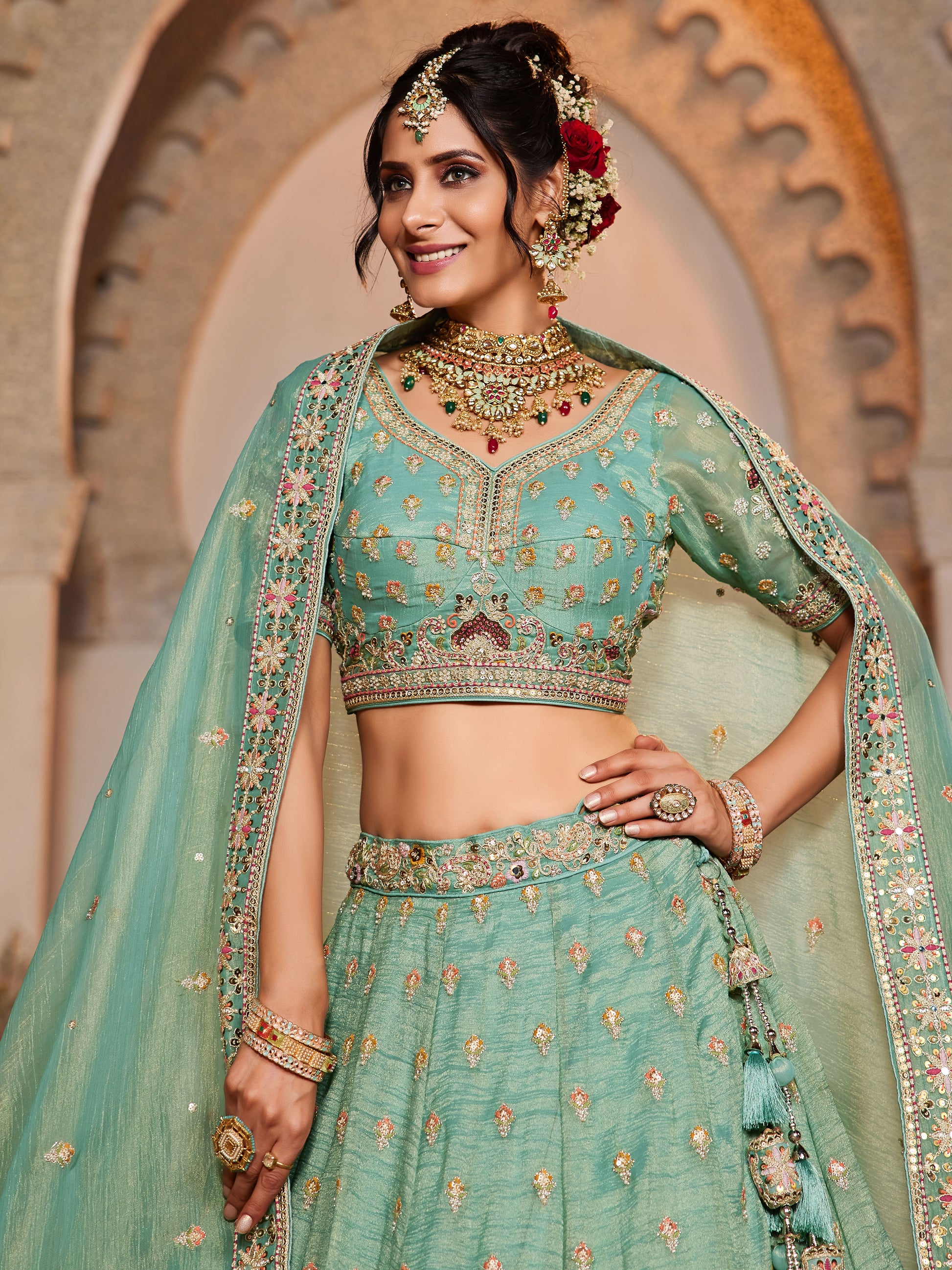 Marvelous Sea Green Bead Work Tissue Silk Reception Wear Lehenga Choli