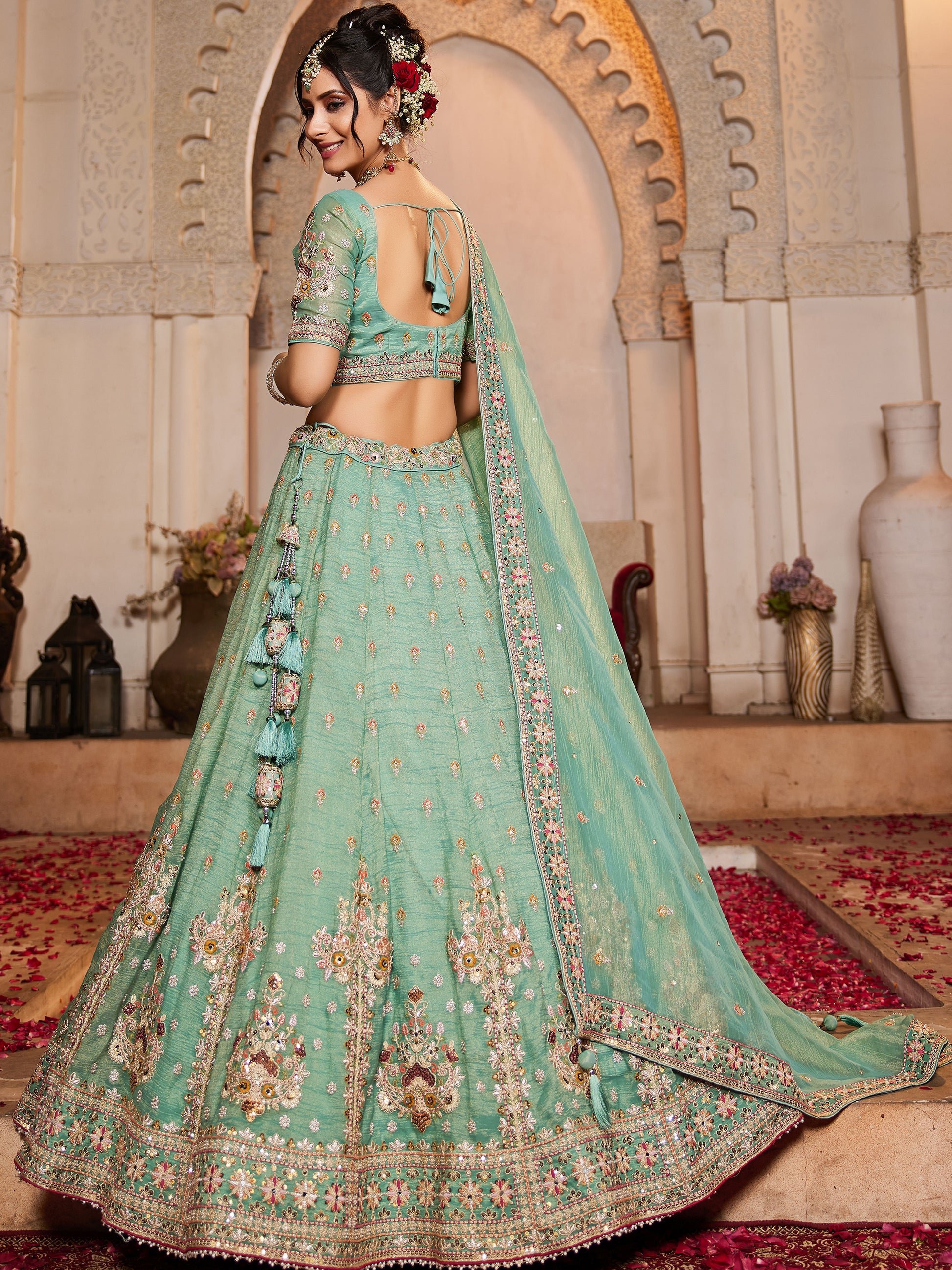 Marvelous Sea Green Bead Work Tissue Silk Reception Wear Lehenga Choli