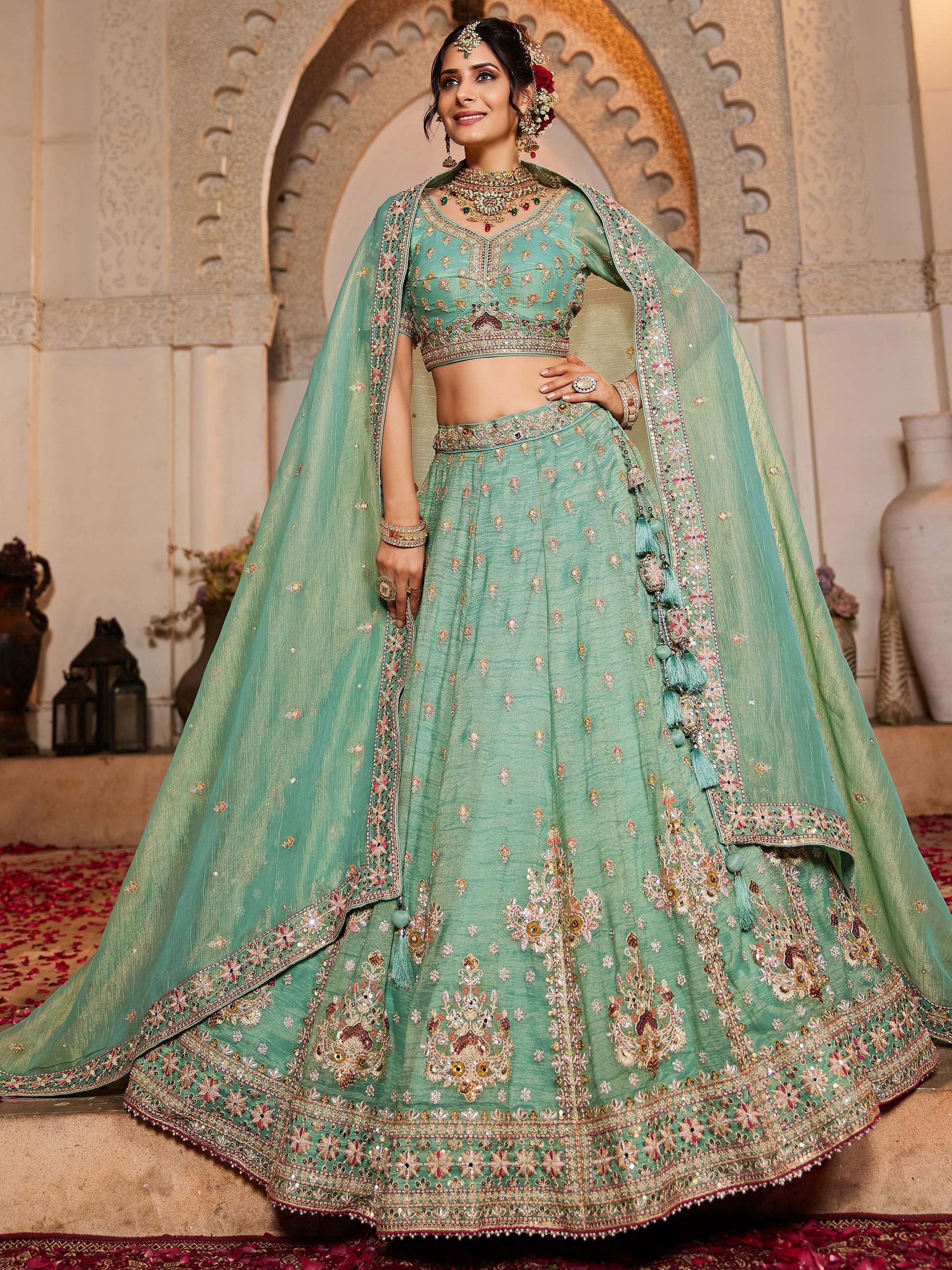 Marvelous Sea Green Bead Work Tissue Silk Reception Wear Lehenga Choli