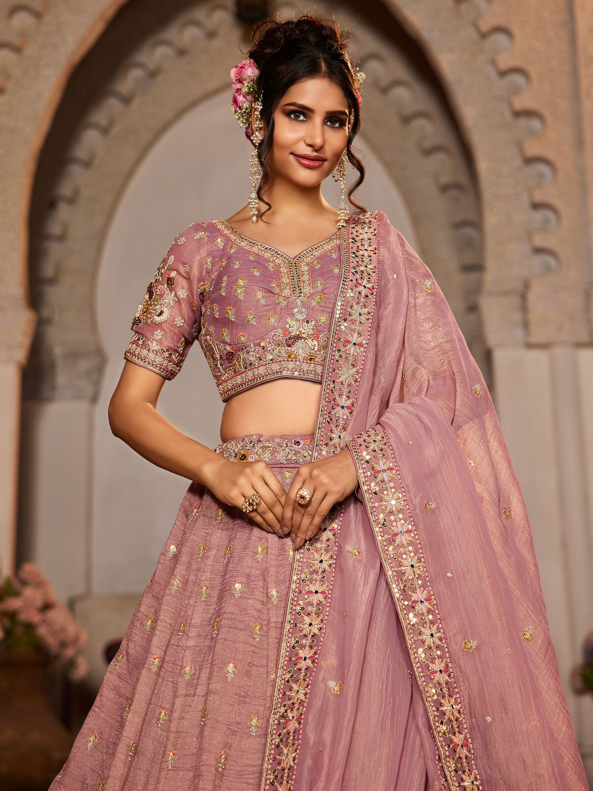 Gorgeous Pink Sequins Tissue Silk Engagement Wear Lehenga Choli