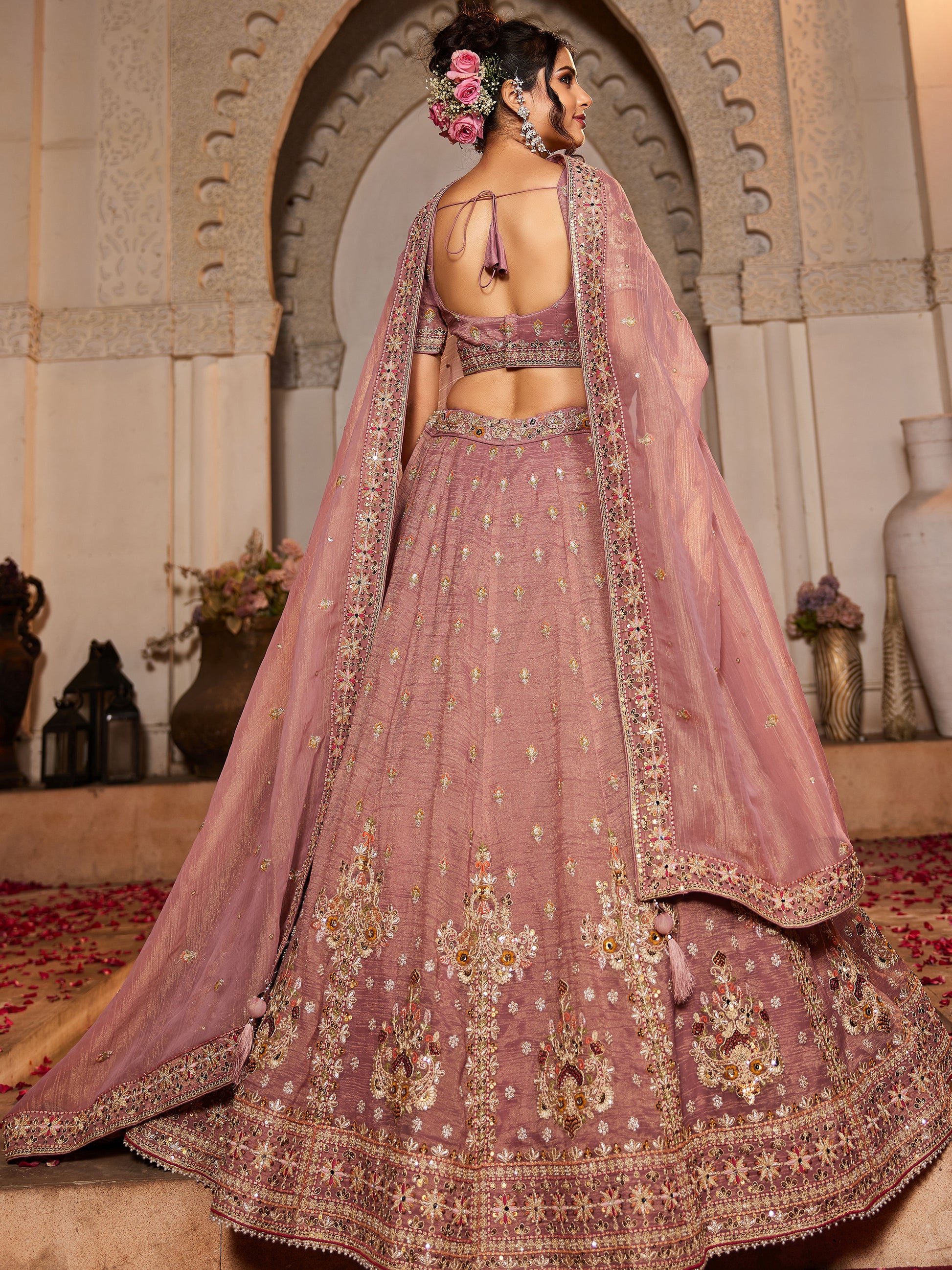 Gorgeous Pink Sequins Tissue Silk Engagement Wear Lehenga Choli