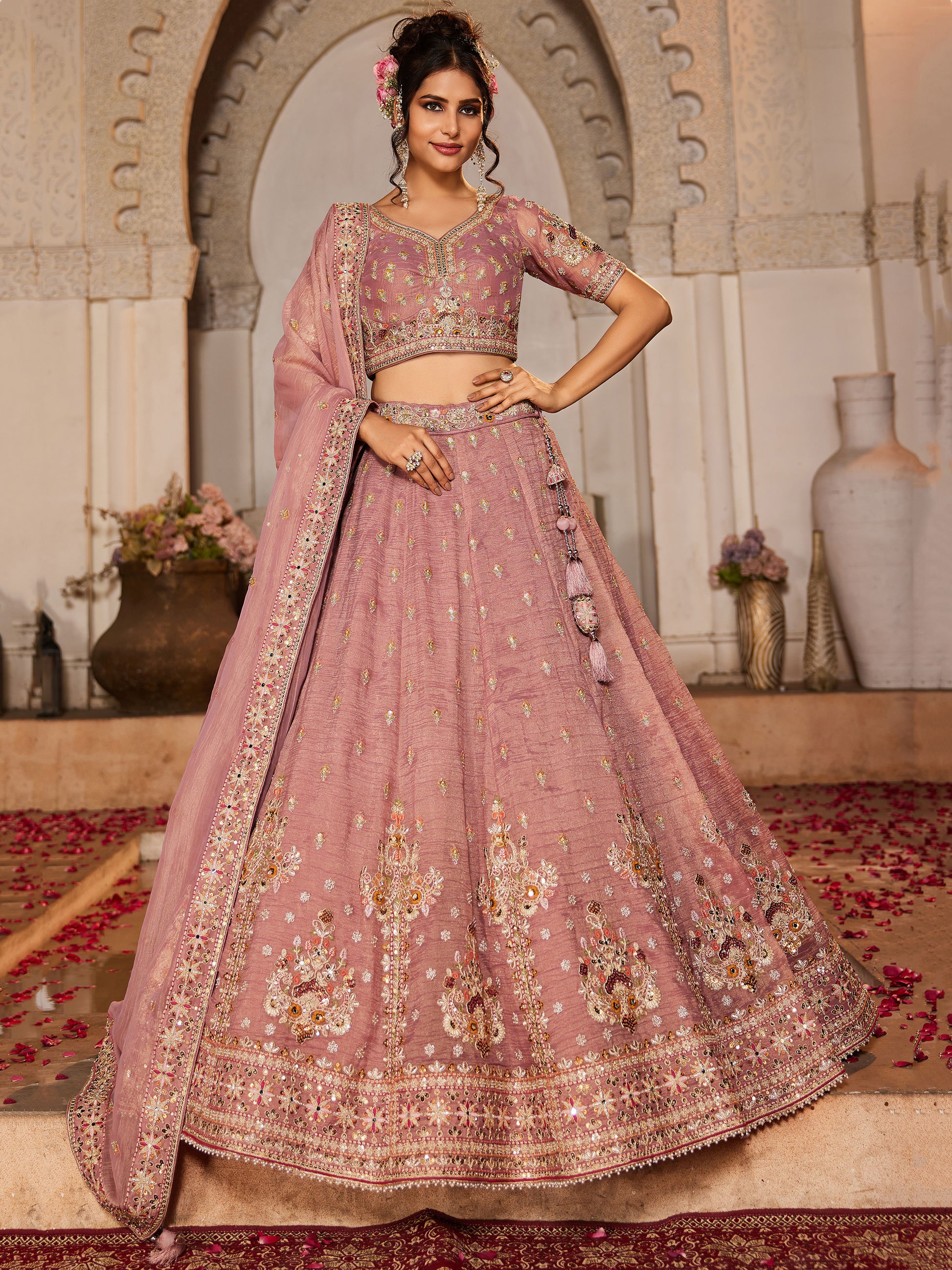 Gorgeous Pink Sequins Tissue Silk Engagement Wear Lehenga Choli
