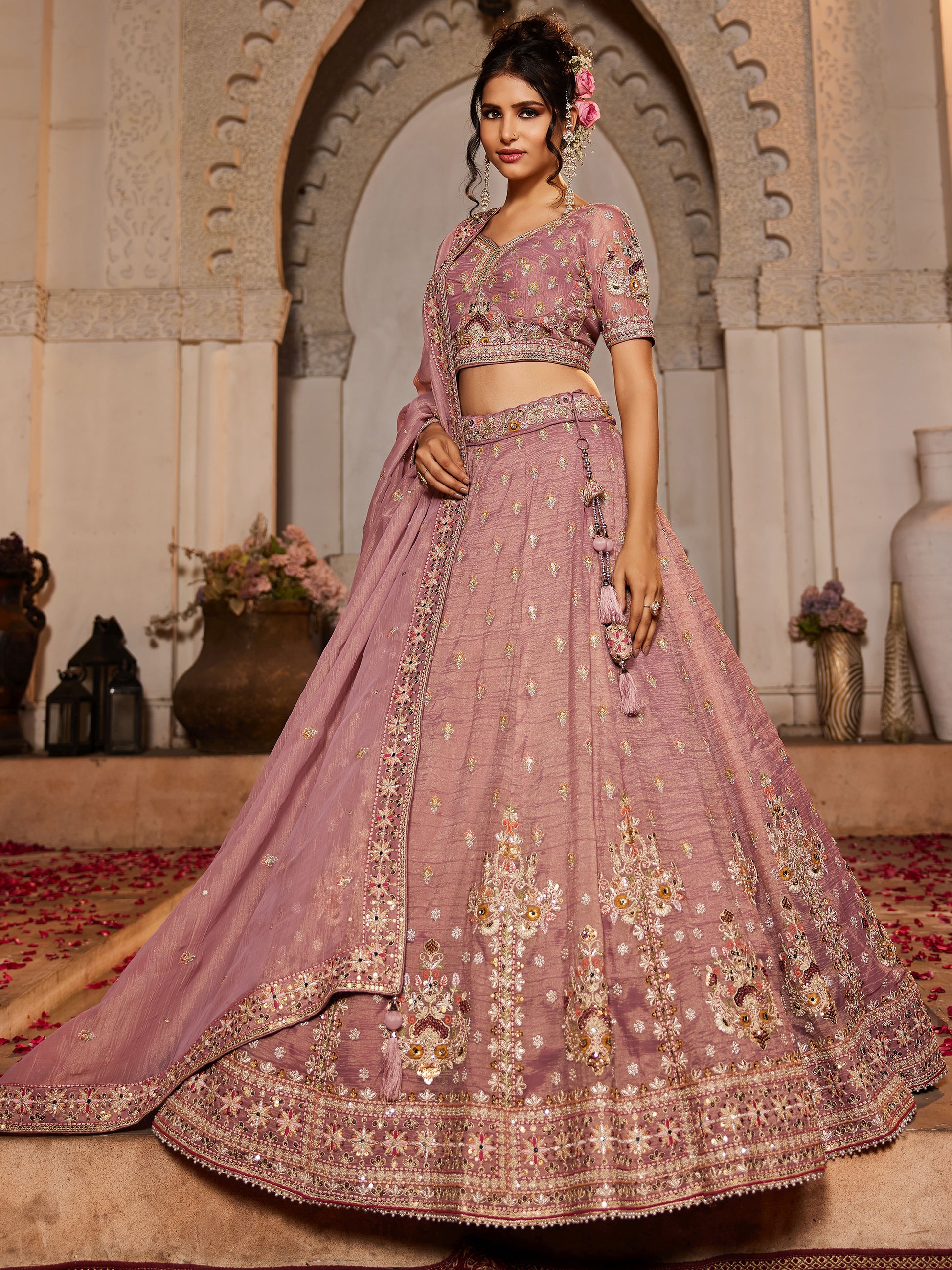 Gorgeous Pink Sequins Tissue Silk Engagement Wear Lehenga Choli