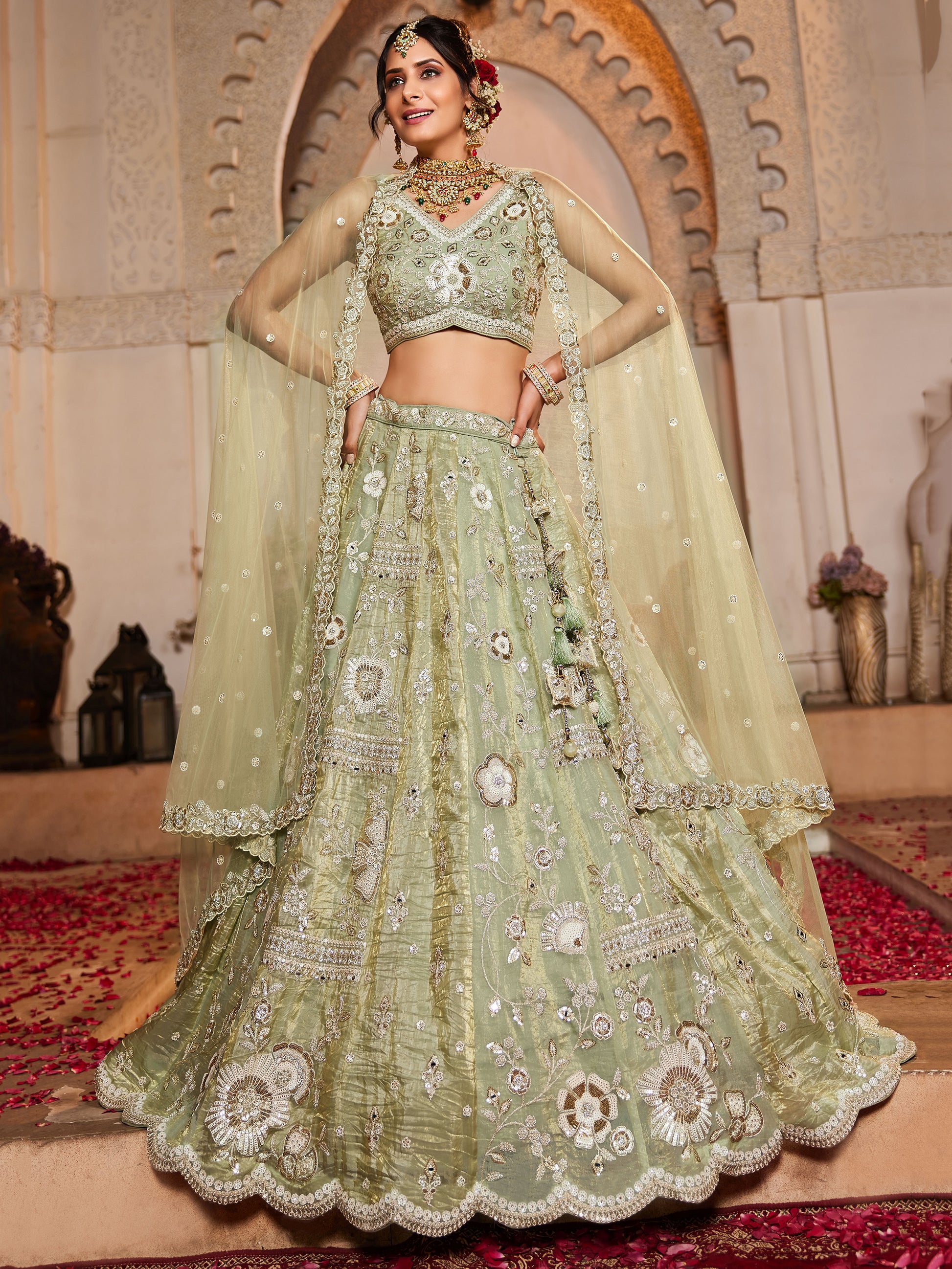 Attractive Pista Green Sequins Work Tissue Silk Bridal Lehenga Choli
