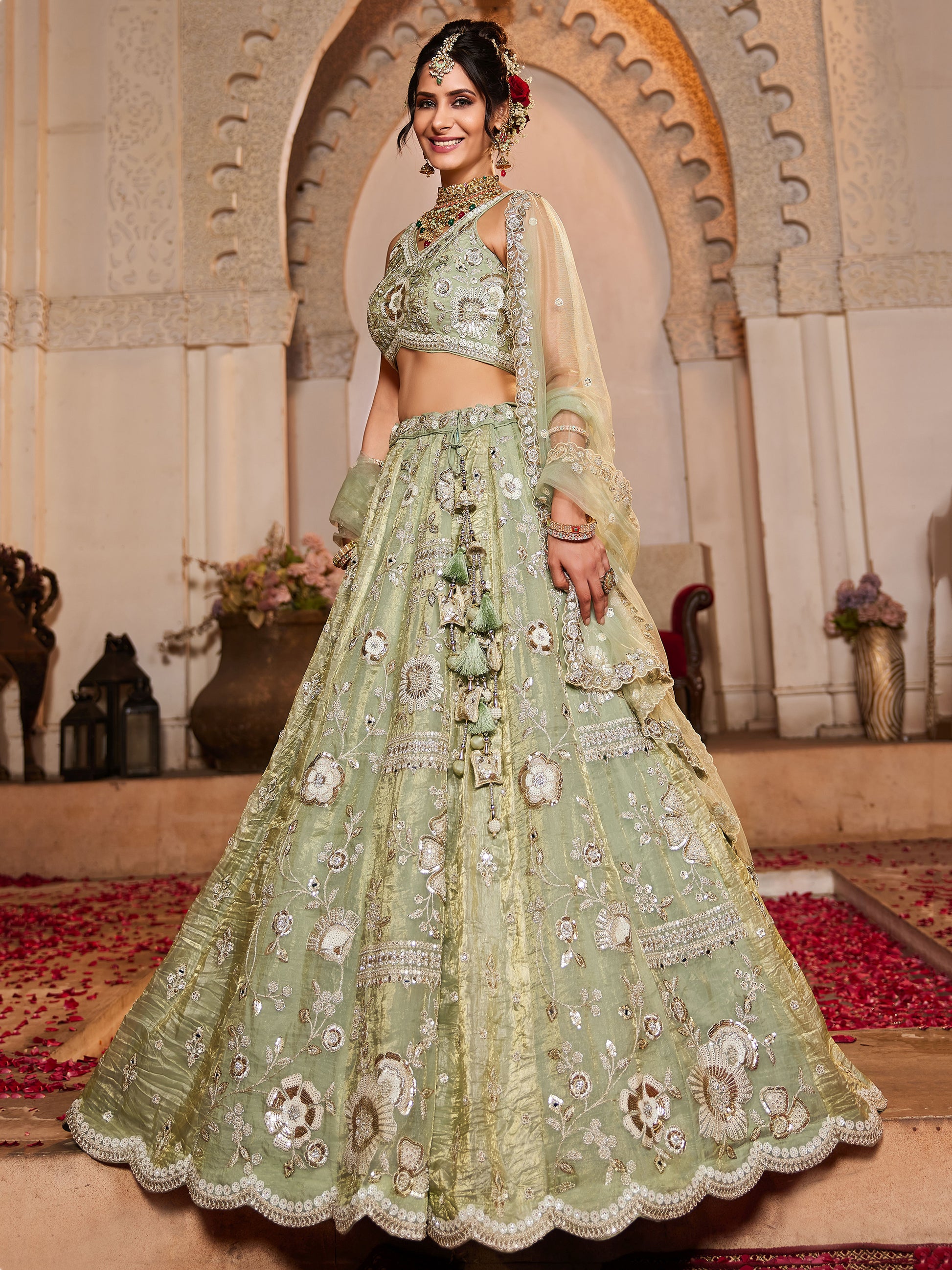 Attractive Pista Green Sequins Work Tissue Silk Bridal Lehenga Choli
