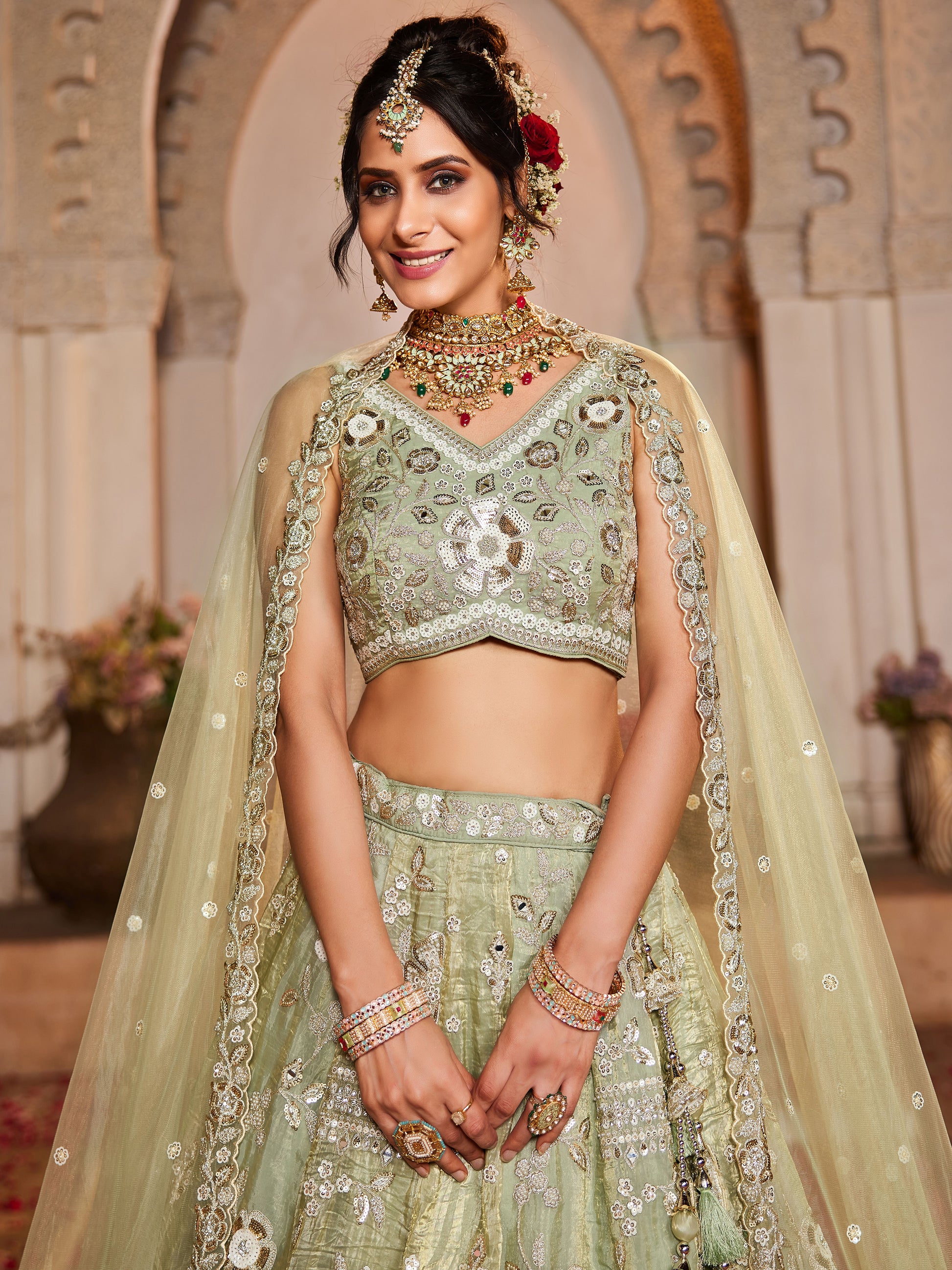 Attractive Pista Green Sequins Work Tissue Silk Bridal Lehenga Choli