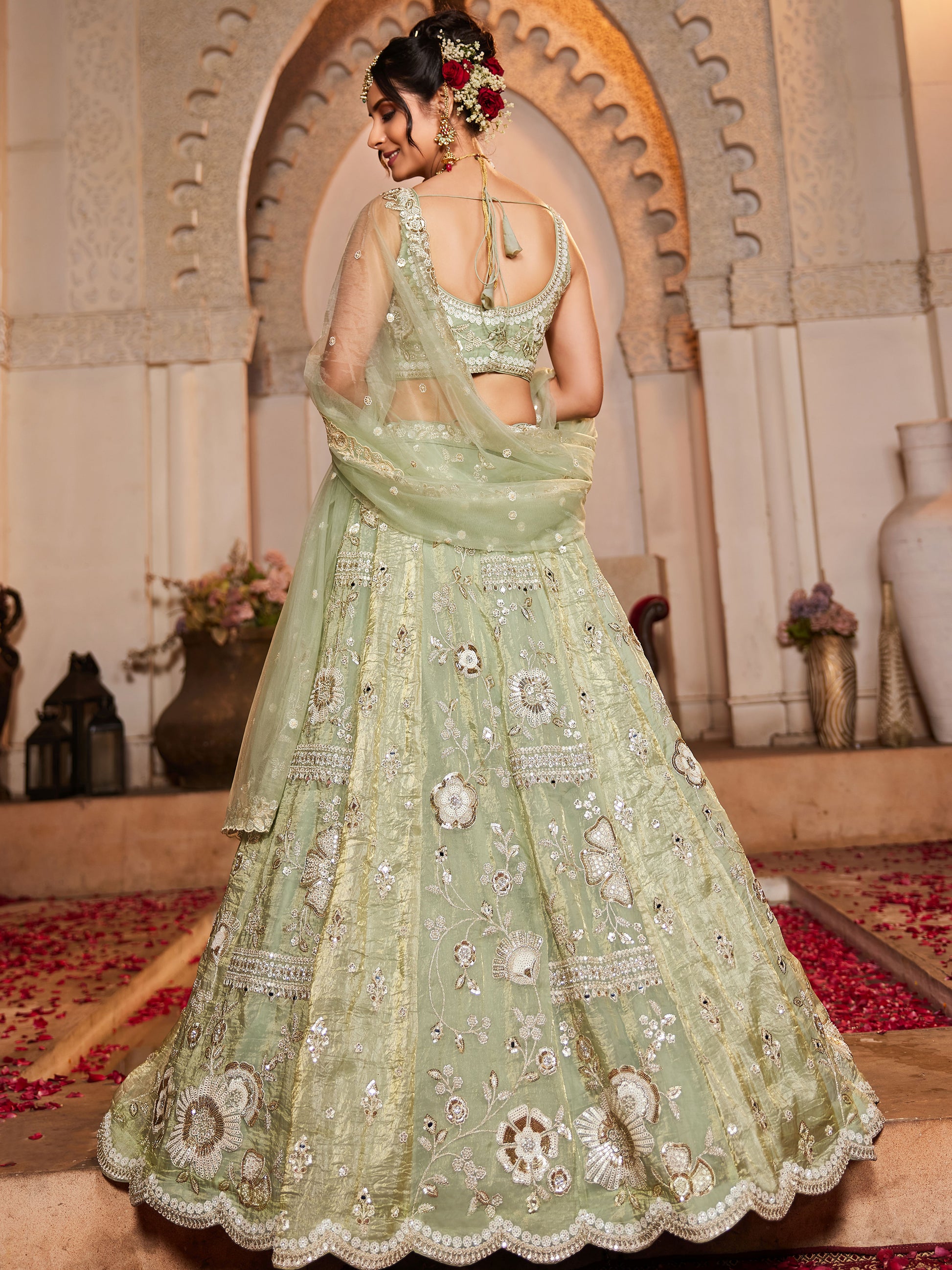 Attractive Pista Green Sequins Work Tissue Silk Bridal Lehenga Choli