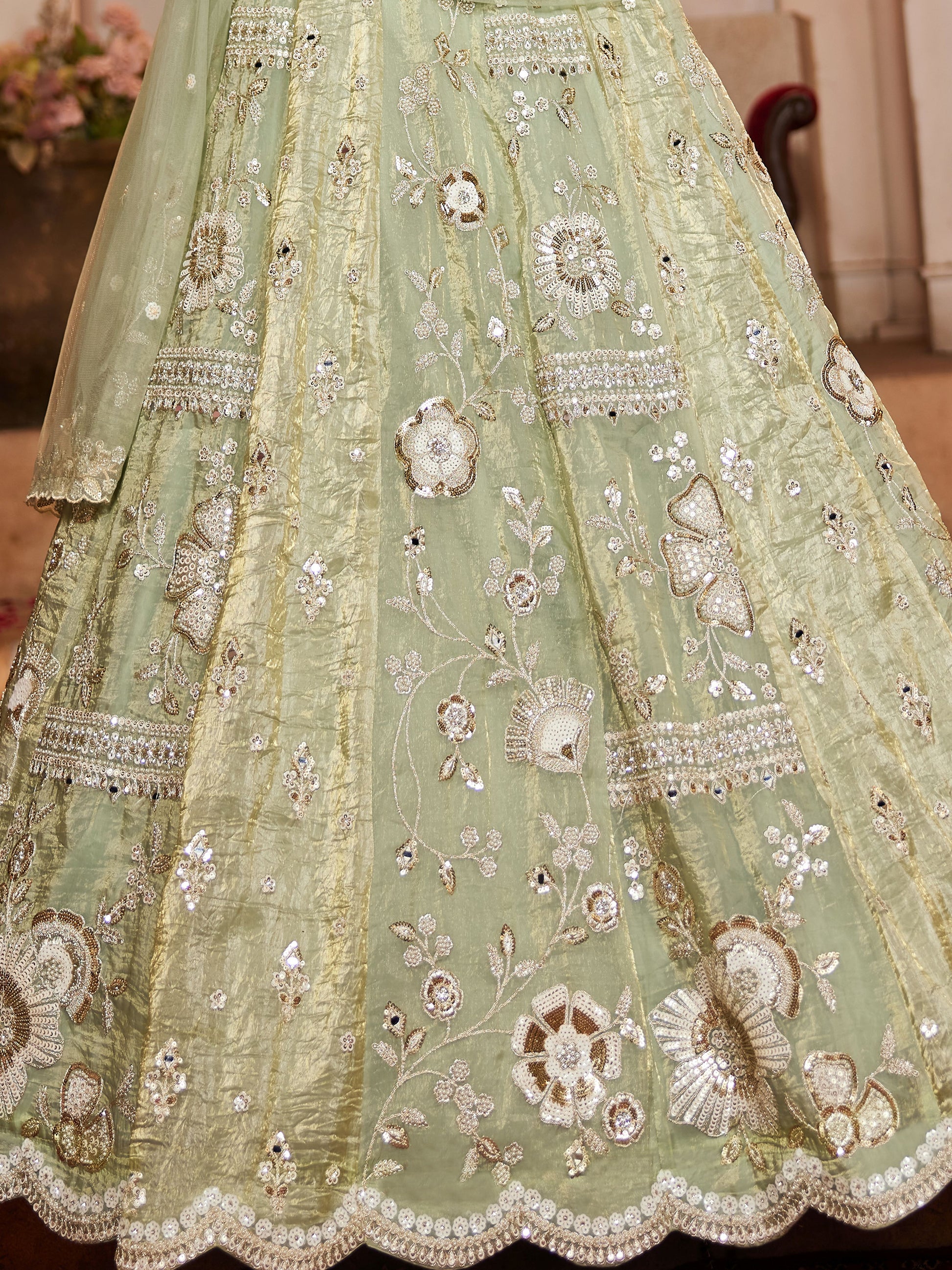 Attractive Pista Green Sequins Work Tissue Silk Bridal Lehenga Choli