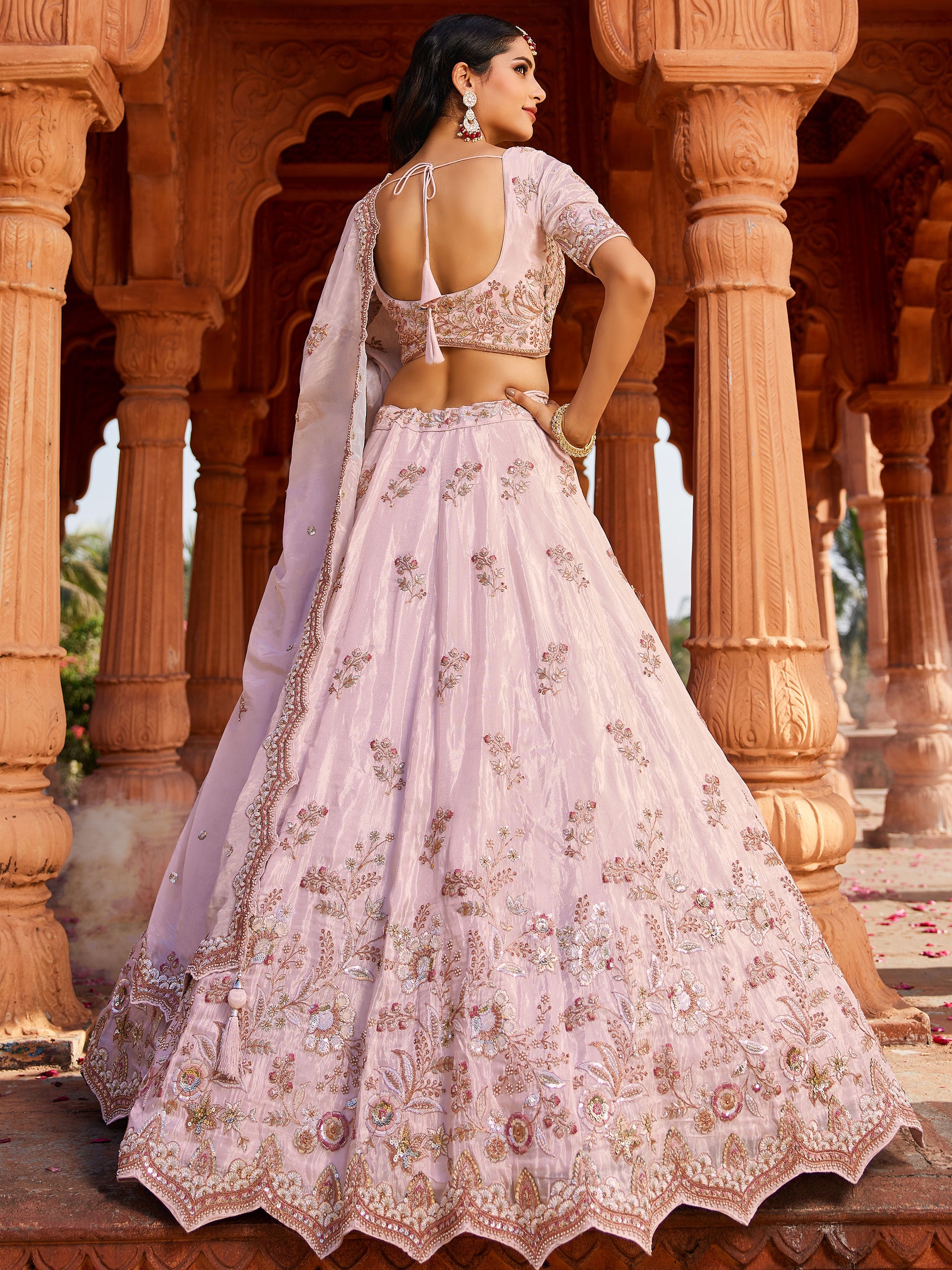 Astonishing Coral Pink Thread Embroidered Tissue Silk Engagement Wear Lehenga Choli