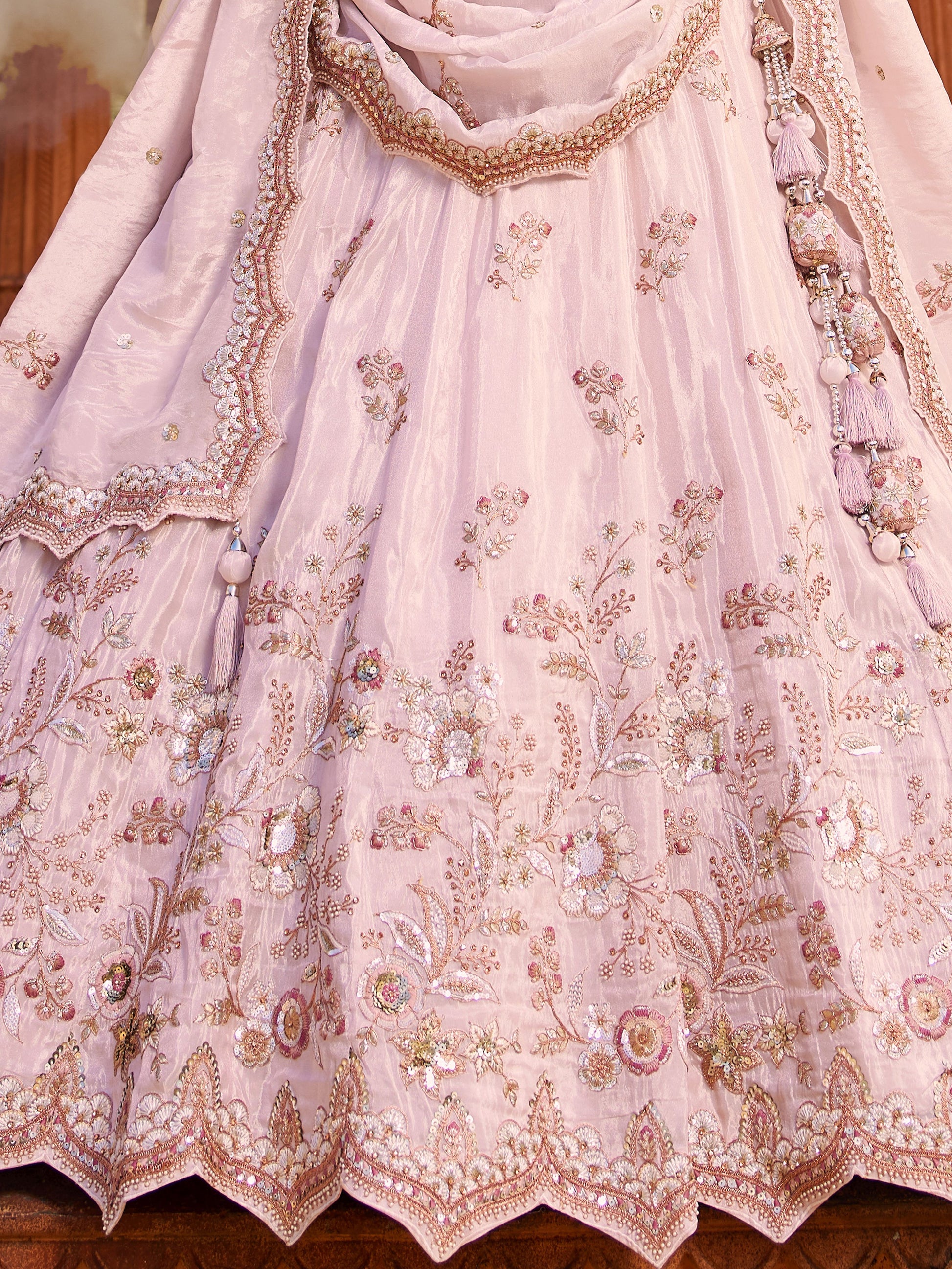 Astonishing Coral Pink Thread Embroidered Tissue Silk Engagement Wear Lehenga Choli
