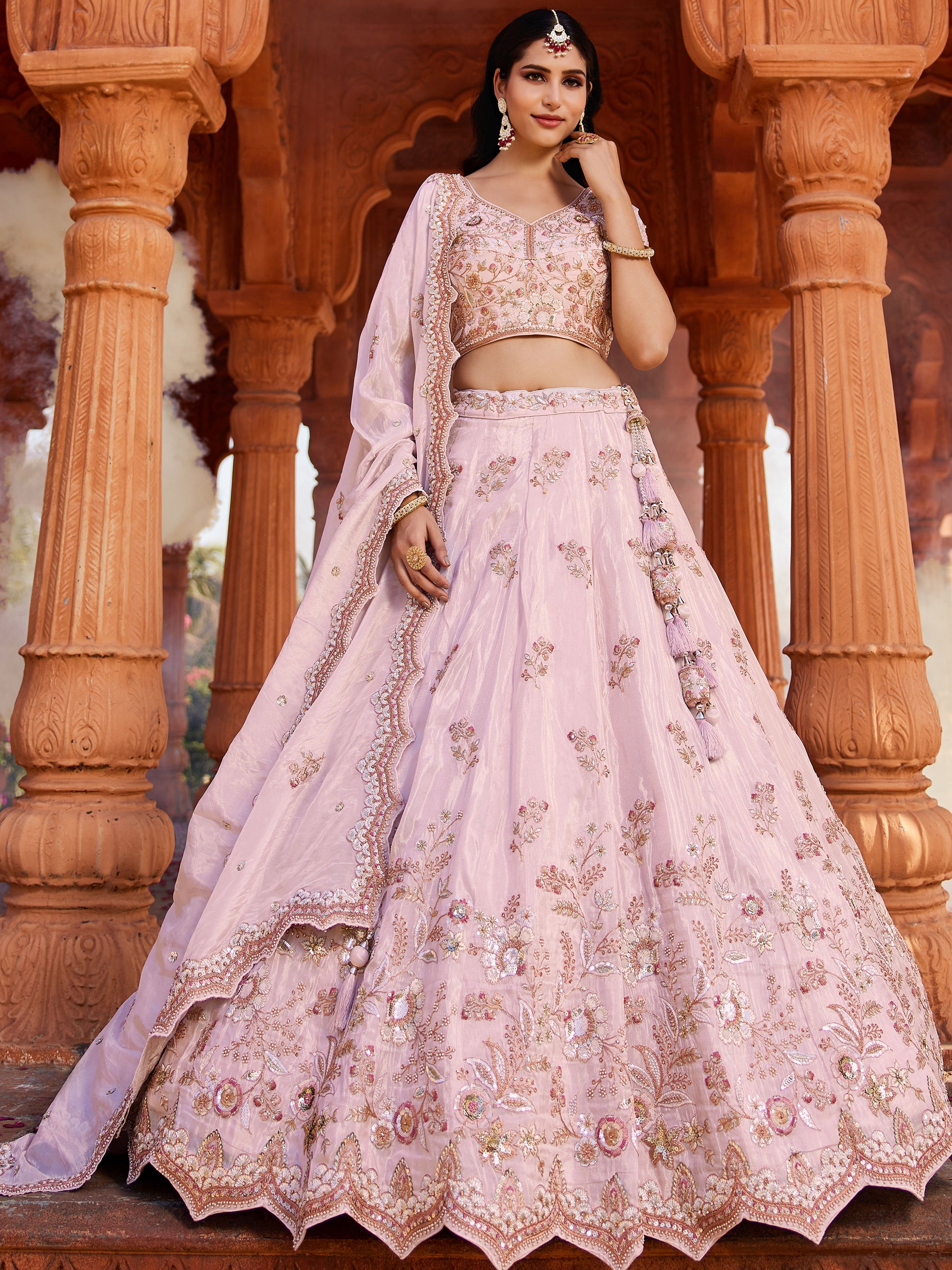 Astonishing Coral Pink Thread Embroidered Tissue Silk Engagement Wear Lehenga Choli
