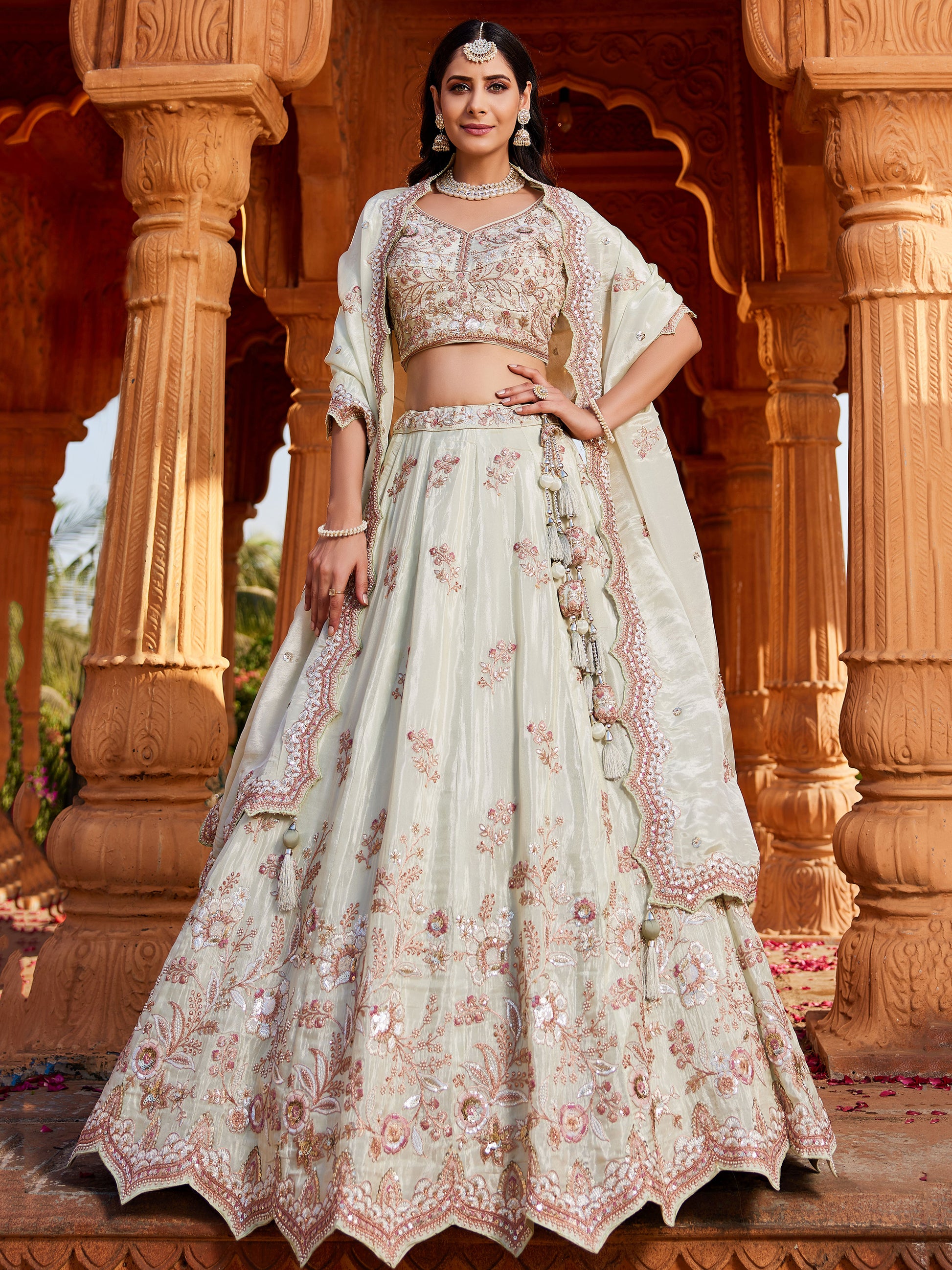 Incredible Pista Green Thread Embroidered Tissue Silk Wedding Wear Lehenga Choli
