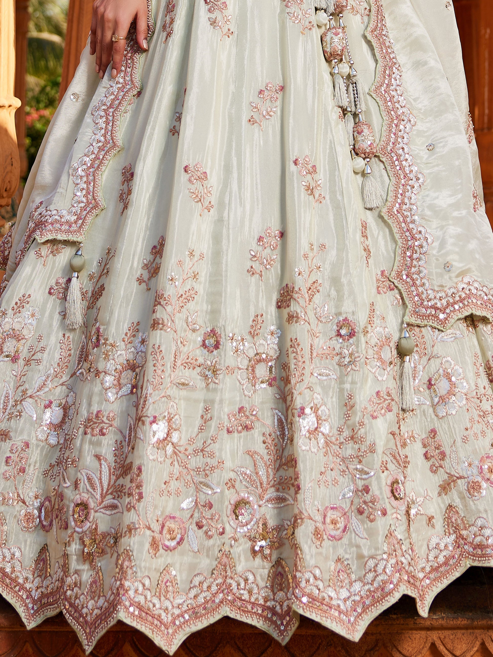 Incredible Pista Green Thread Embroidered Tissue Silk Wedding Wear Lehenga Choli
