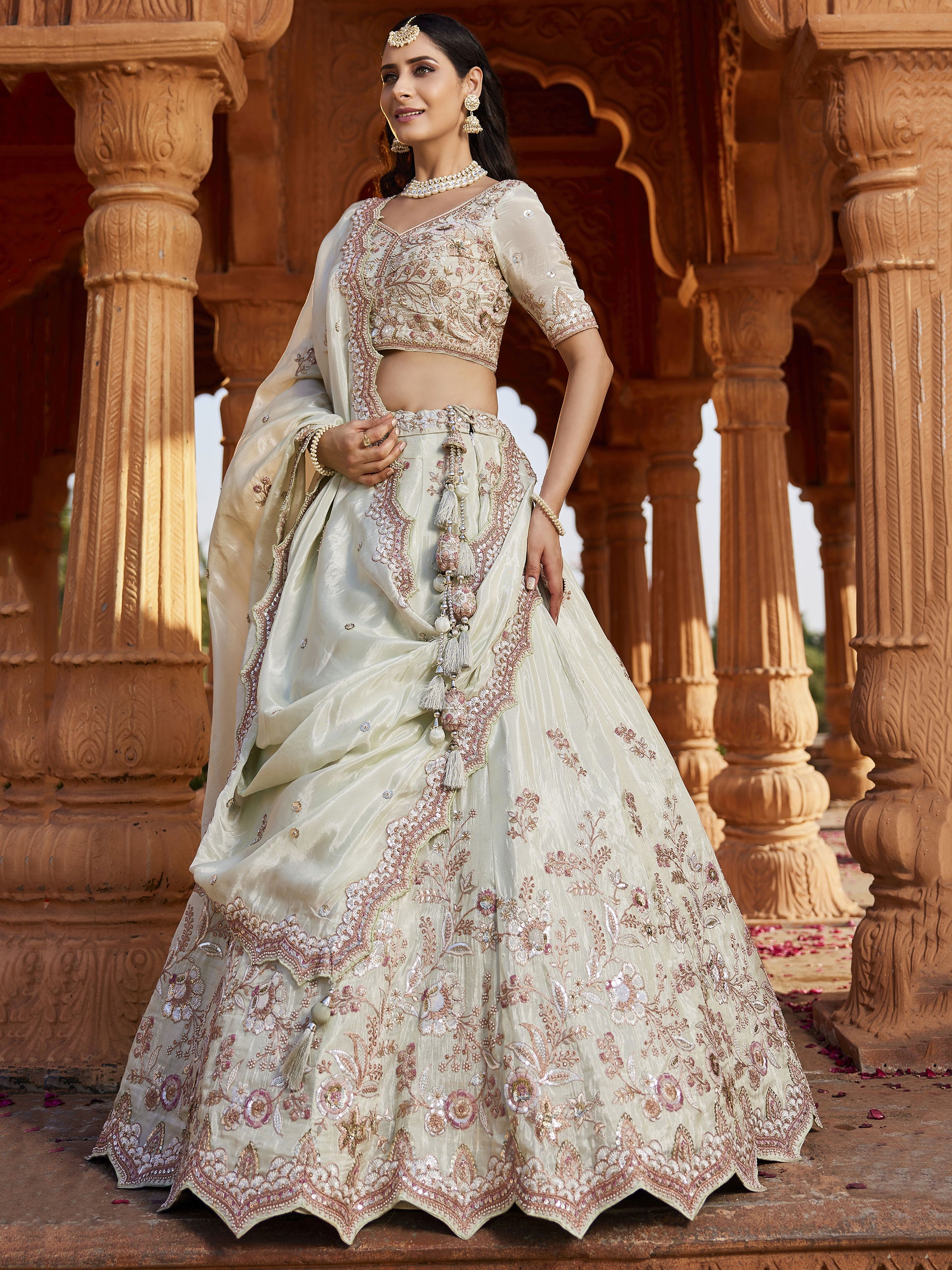 Incredible Pista Green Thread Embroidered Tissue Silk Wedding Wear Lehenga Choli