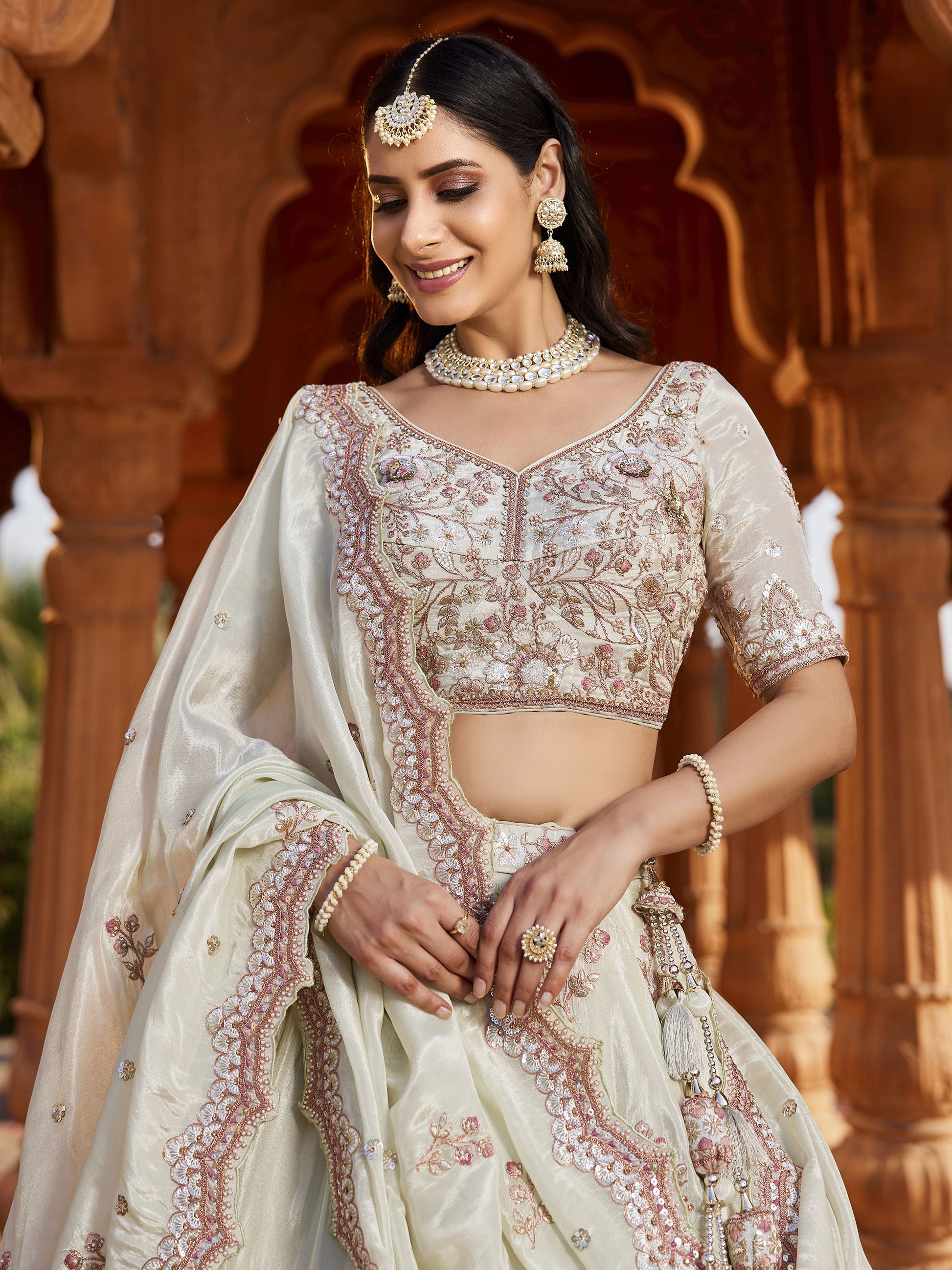 Incredible Pista Green Thread Embroidered Tissue Silk Wedding Wear Lehenga Choli