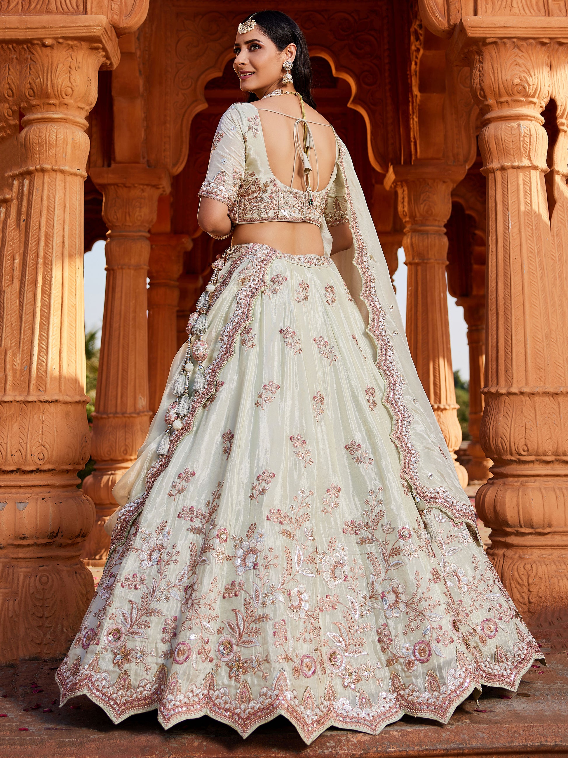 Incredible Pista Green Thread Embroidered Tissue Silk Wedding Wear Lehenga Choli