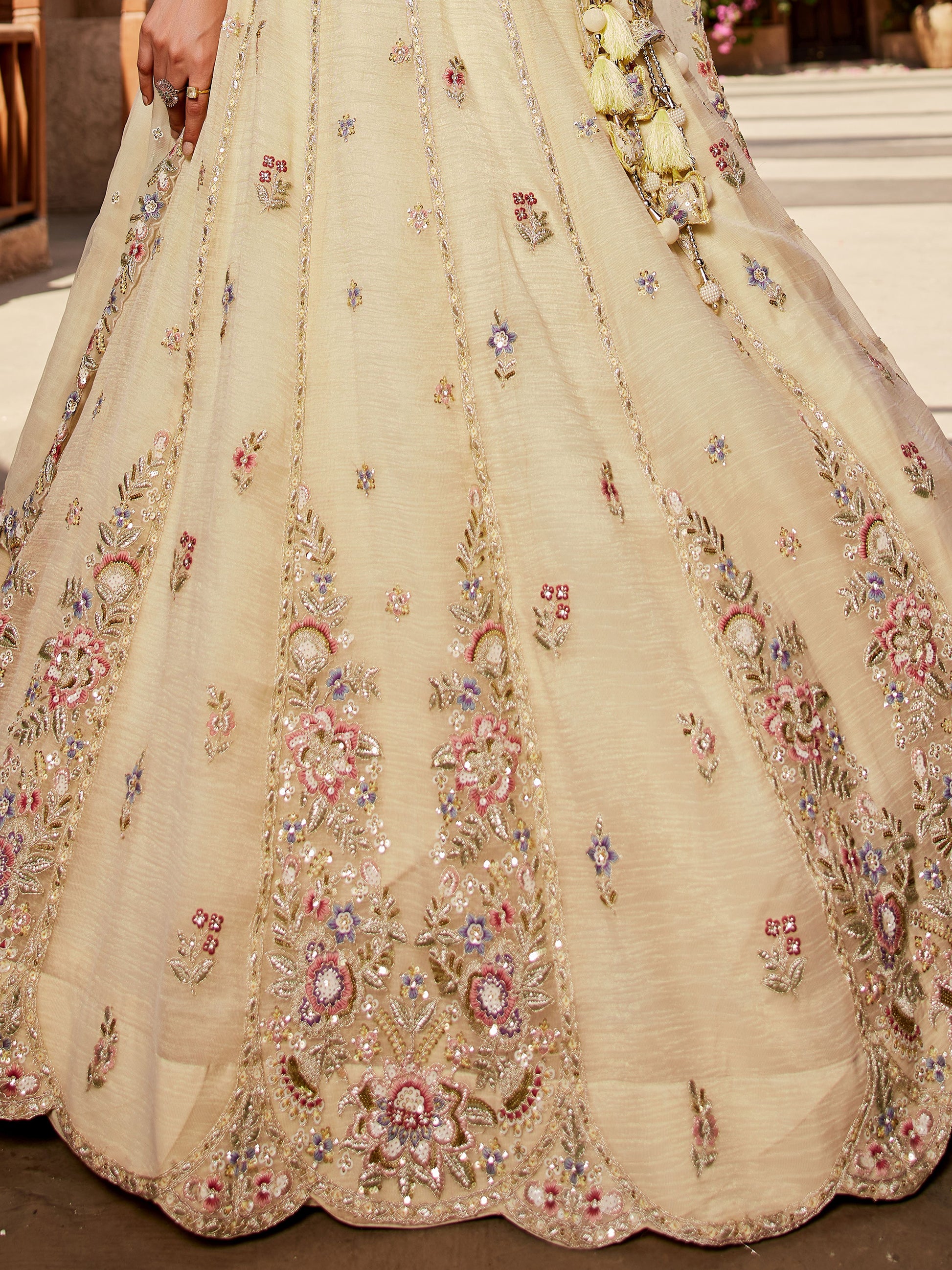 Fantastic Cream Bead Work Tissue Silk Wedding Wear Lehenga Choli With Dupatta